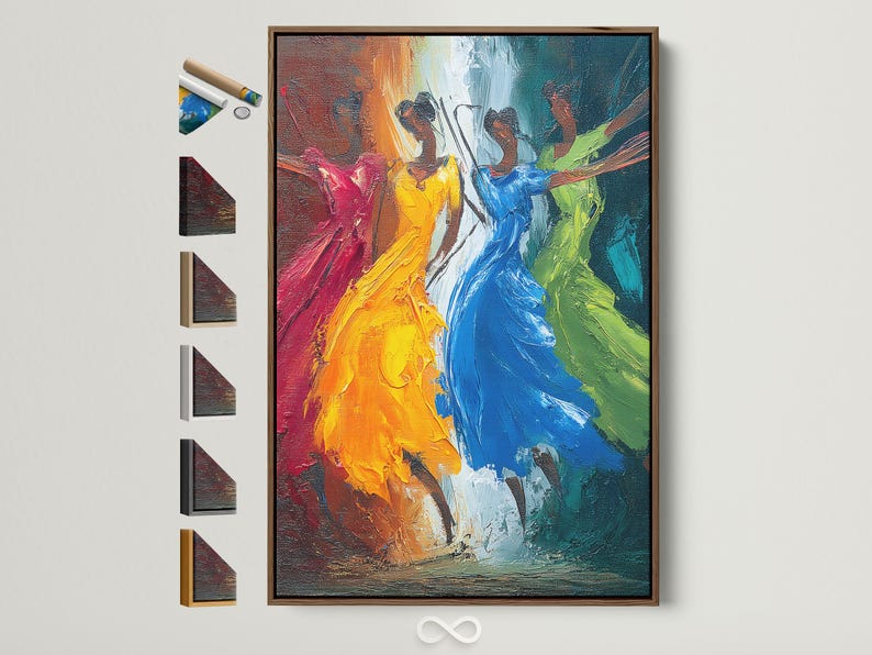 Abstract painting showing three stylised dancing figures in orange, blue, green and pink tones