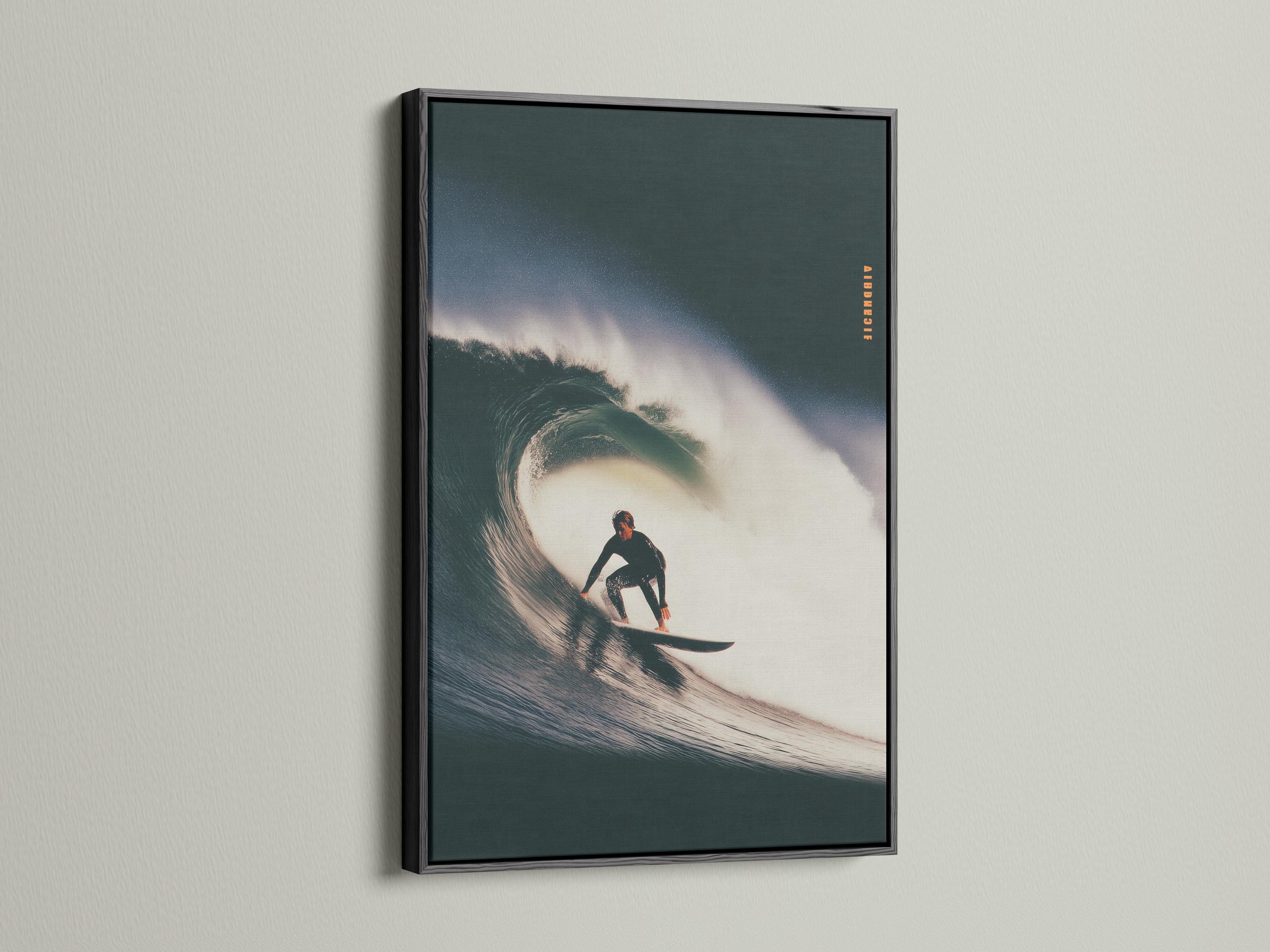 Surfer riding a curling wave, shown in dark teal ocean tones with bright white foam and spray mist detail view