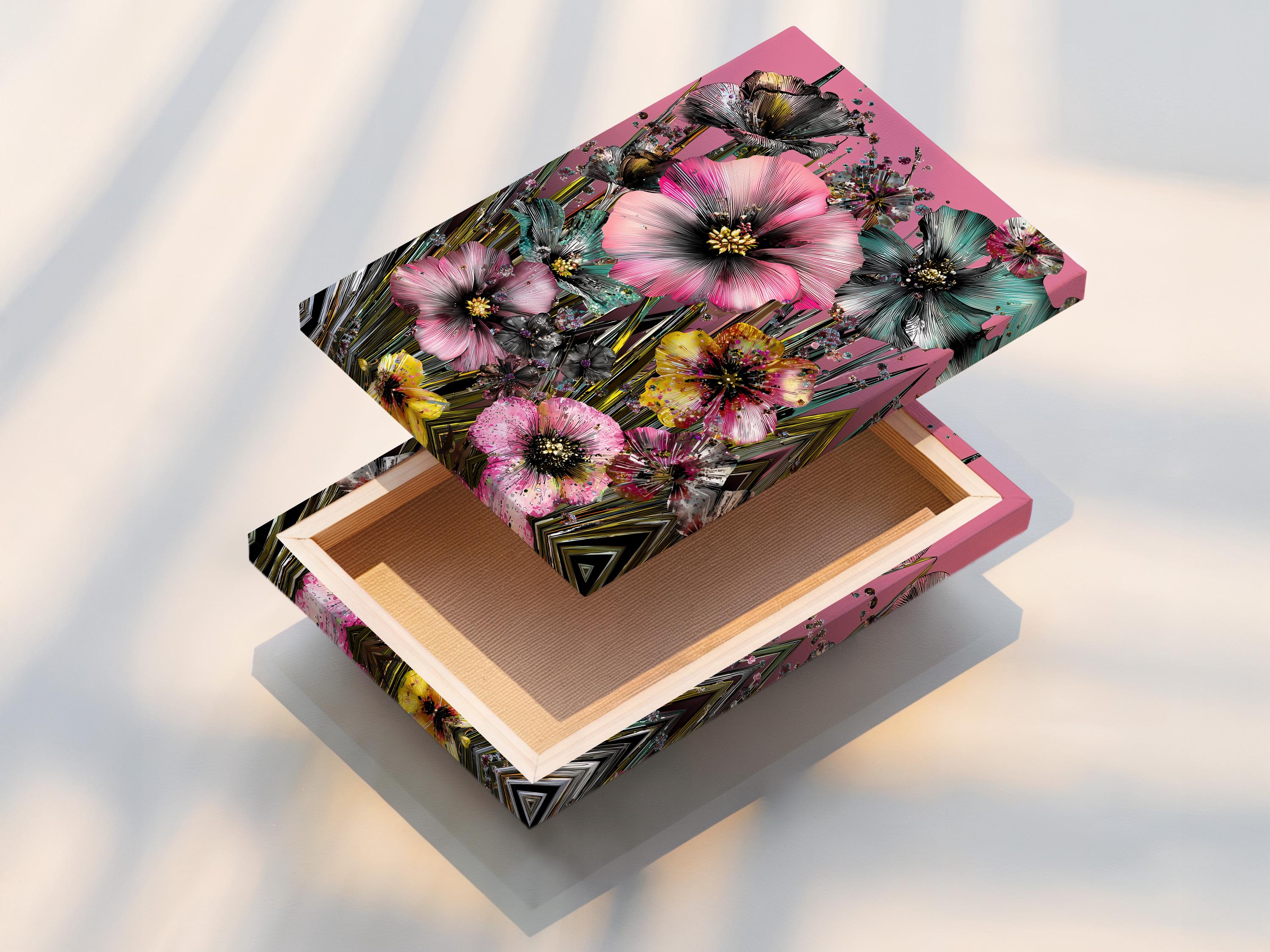 Portrait floral artwork with large pink blossoms, teal accents, dark centres and green stems on a pink background detail view