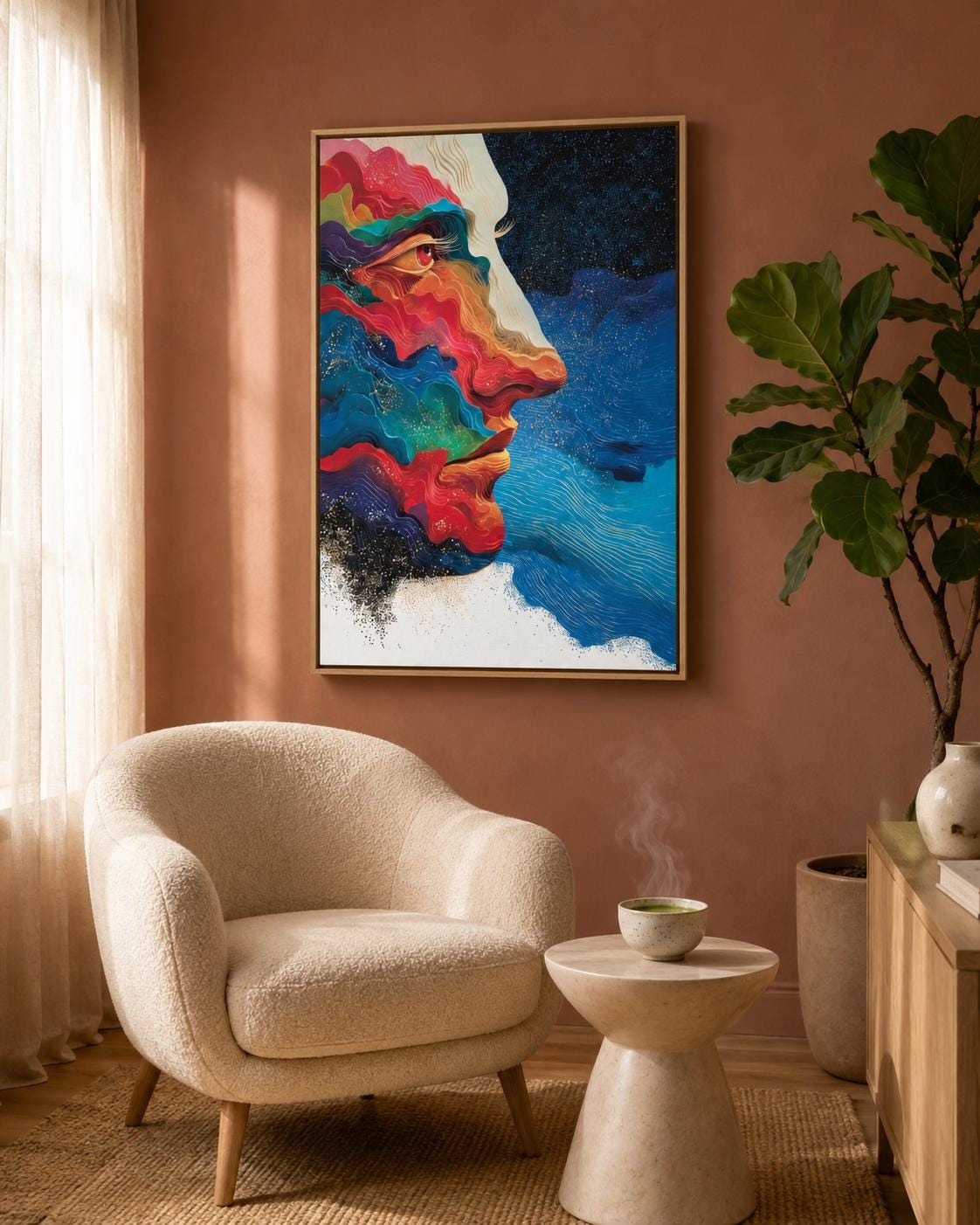 Abstract face in side profile with flowing red, blue and teal shapes and warm gold highlights on a dark starry background detail view