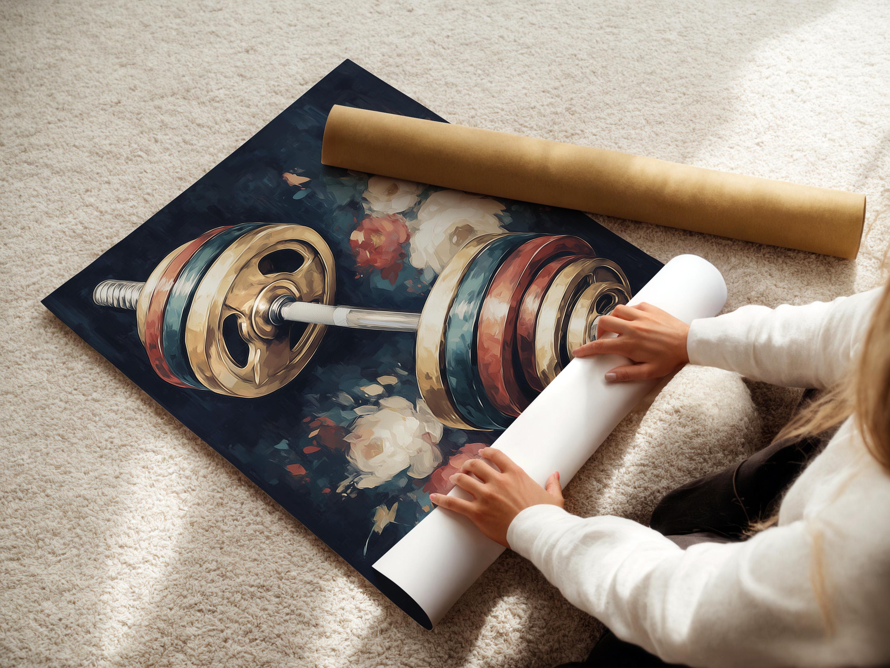 Diagonal barbell with metallic gold plates over dark floral background detail view