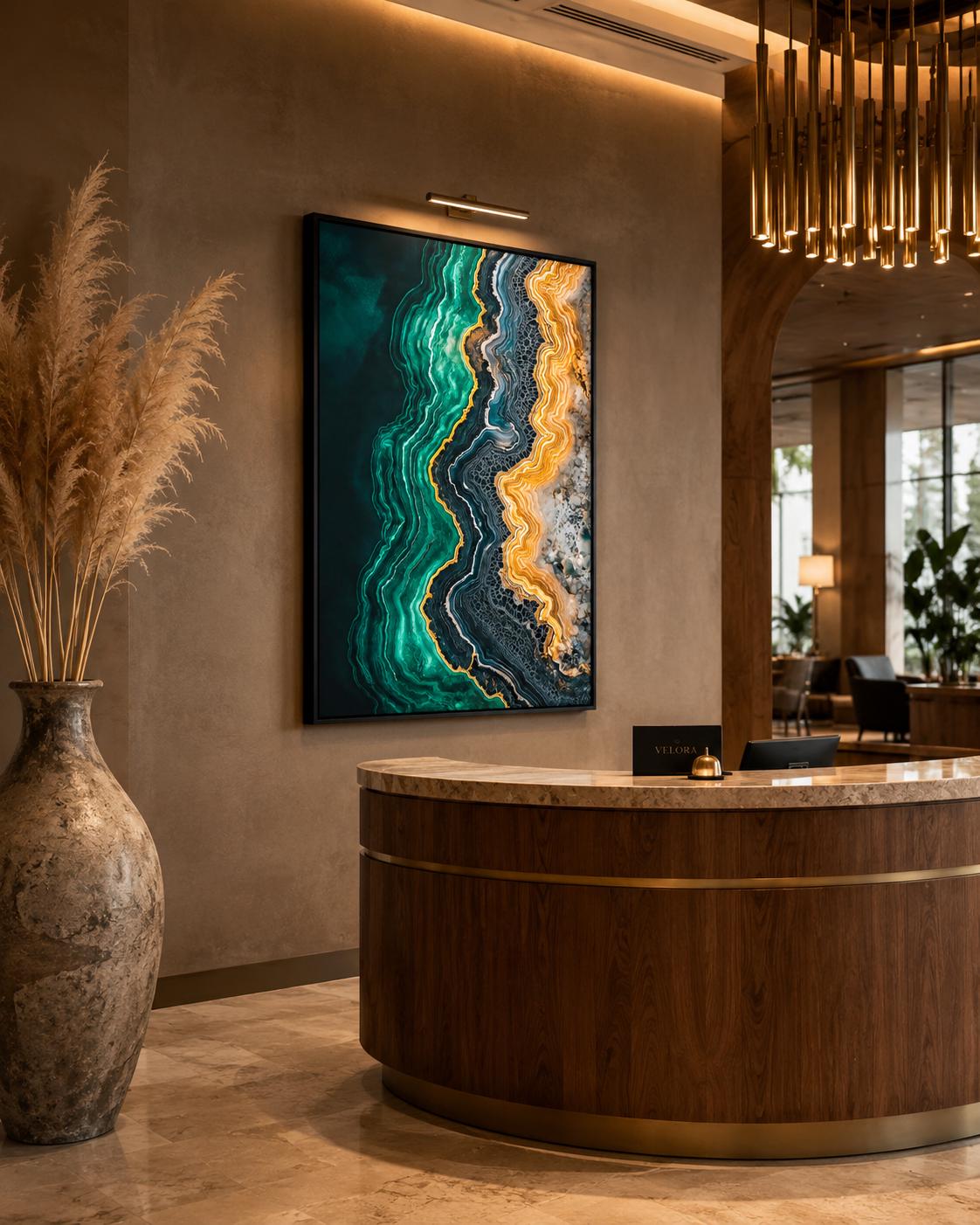 Office room mockup featuring a teal and gold abstract agate-style artwork on a wall