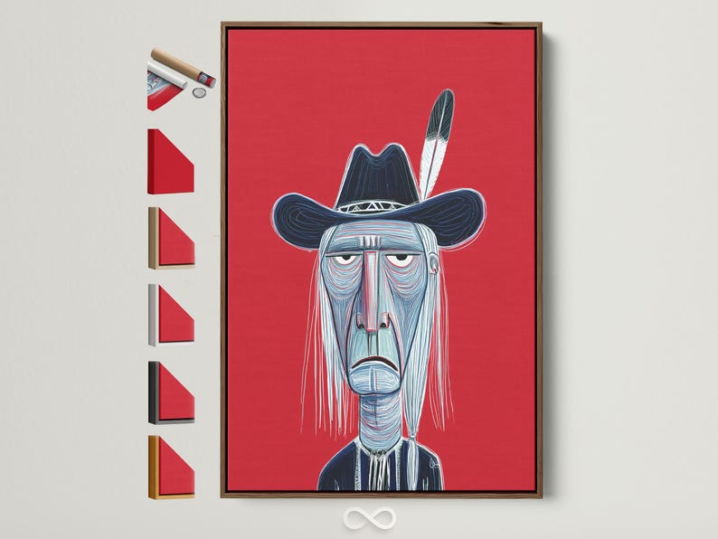 Stylised cowboy portrait with a wide-brim hat on a red background