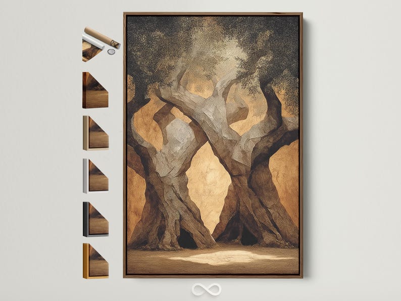 Textured earth-toned landscape with twisted tree trunks and sandy ground