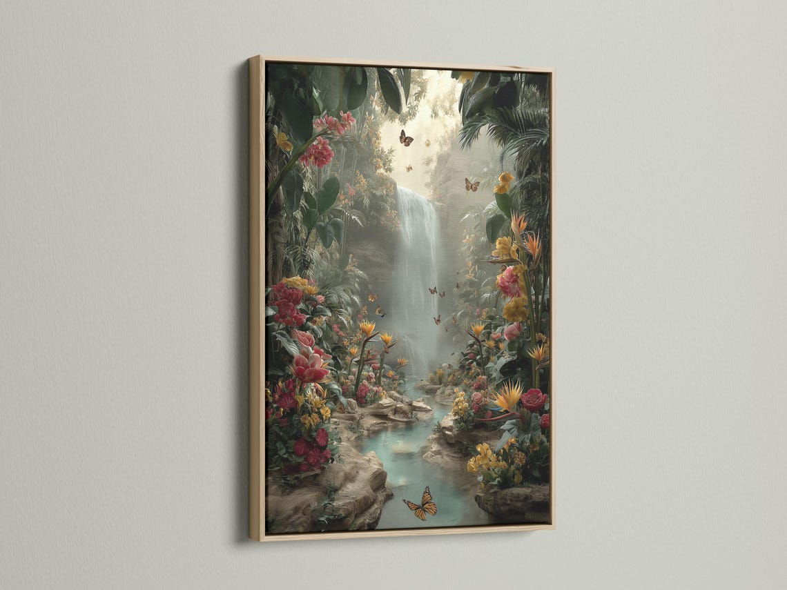 A jungle waterfall scene with lush green leaves, layered flowers and butterflies, flowing into a misty light area at the centre detail view
