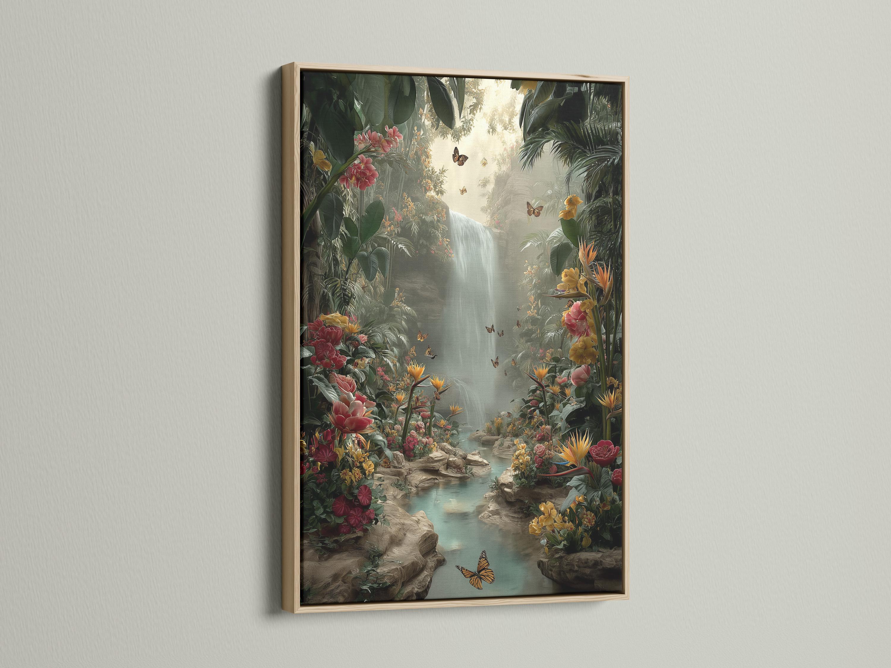 A jungle waterfall scene with lush green leaves, layered flowers and butterflies, flowing into a misty light area at the centre detail view