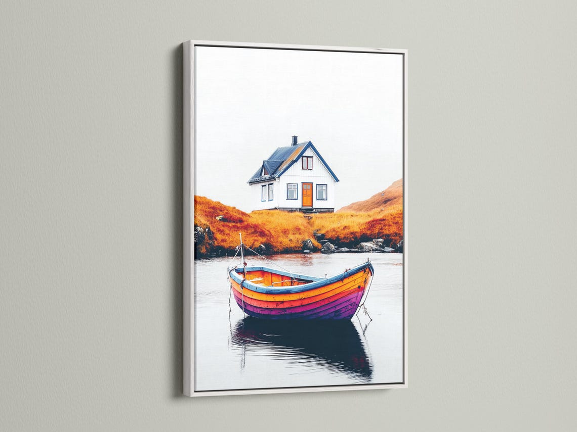 A blue-and-orange house sits above a calm lake with a brightly painted striped boat in the foreground, mirrored on the water detail view