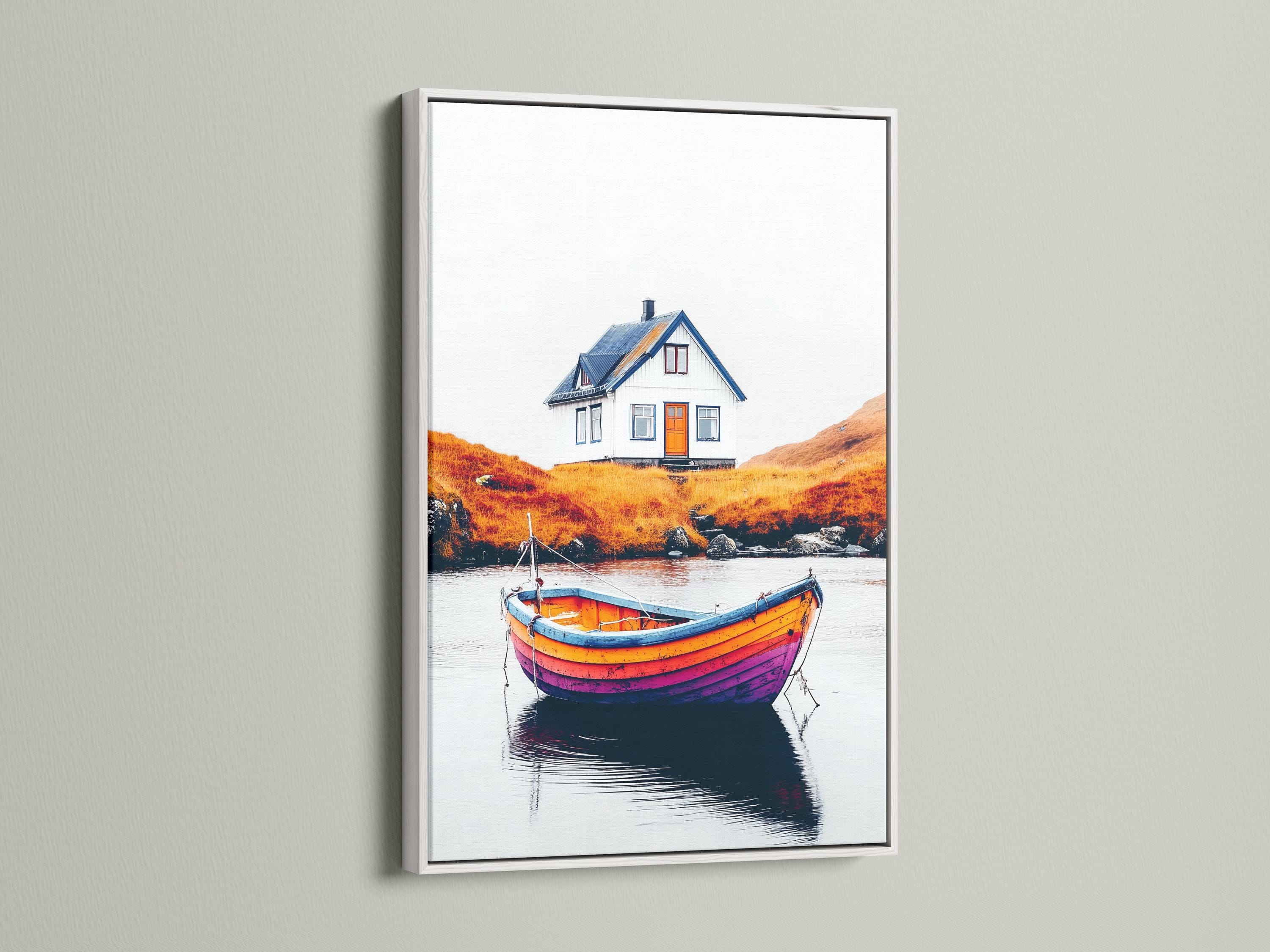 A blue-and-orange house sits above a calm lake with a brightly painted striped boat in the foreground, mirrored on the water detail view