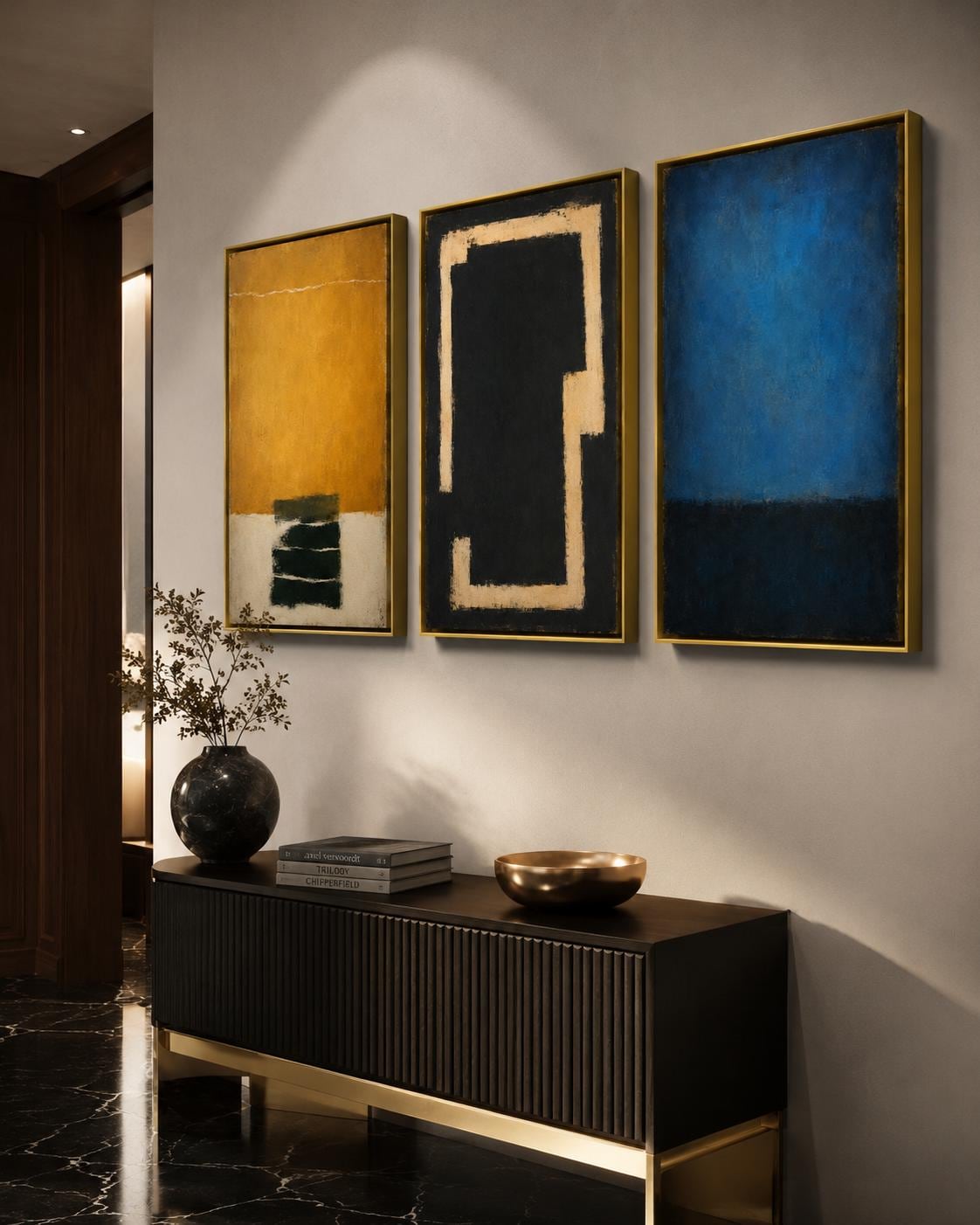 Three-panel abstract colour field triptych with deep blue, mustard ochre and near-black textures detail view
