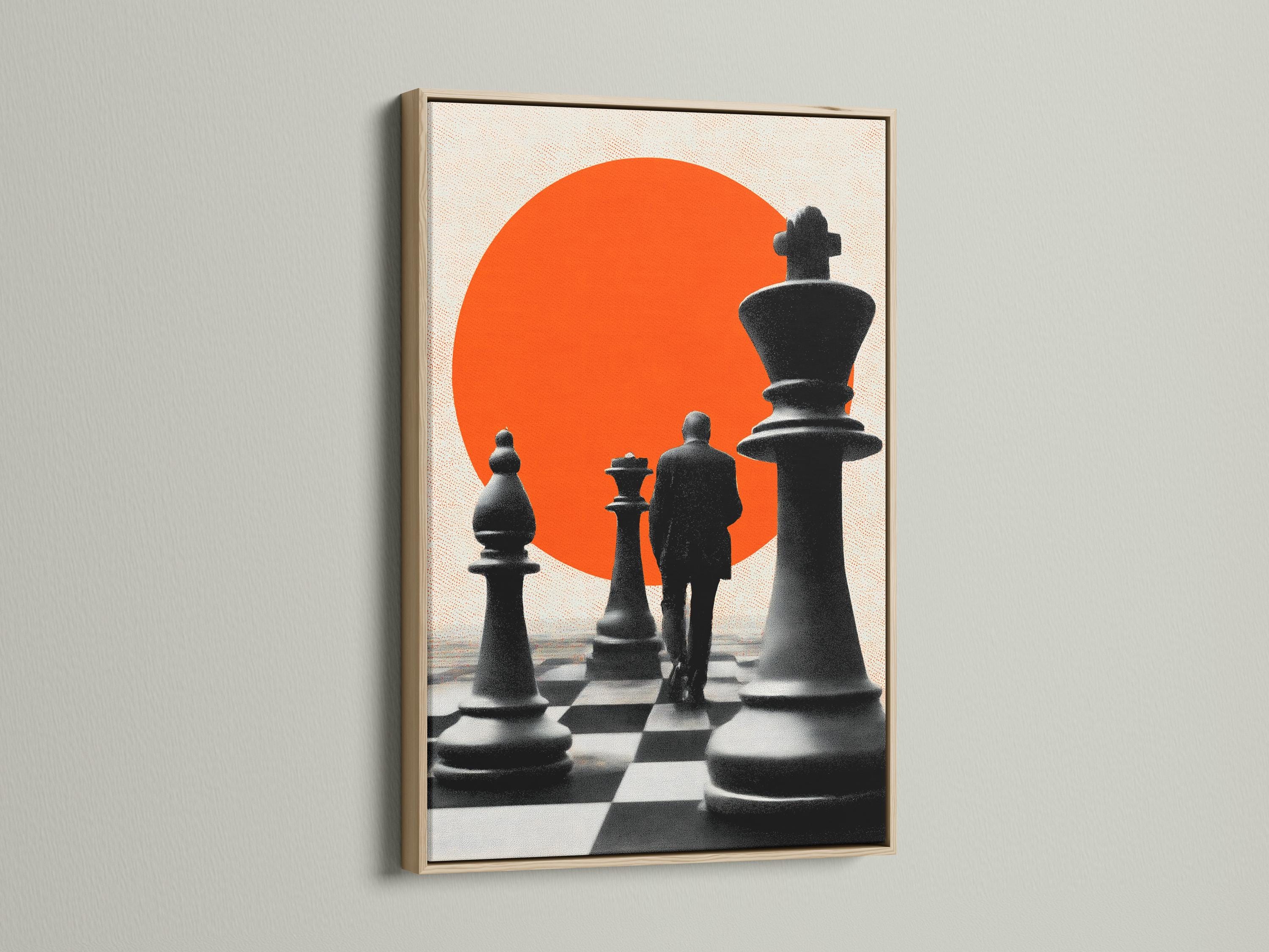 Chess canvas wall art in a frame, showing black pieces on a checkered floor with an orange circle backdrop