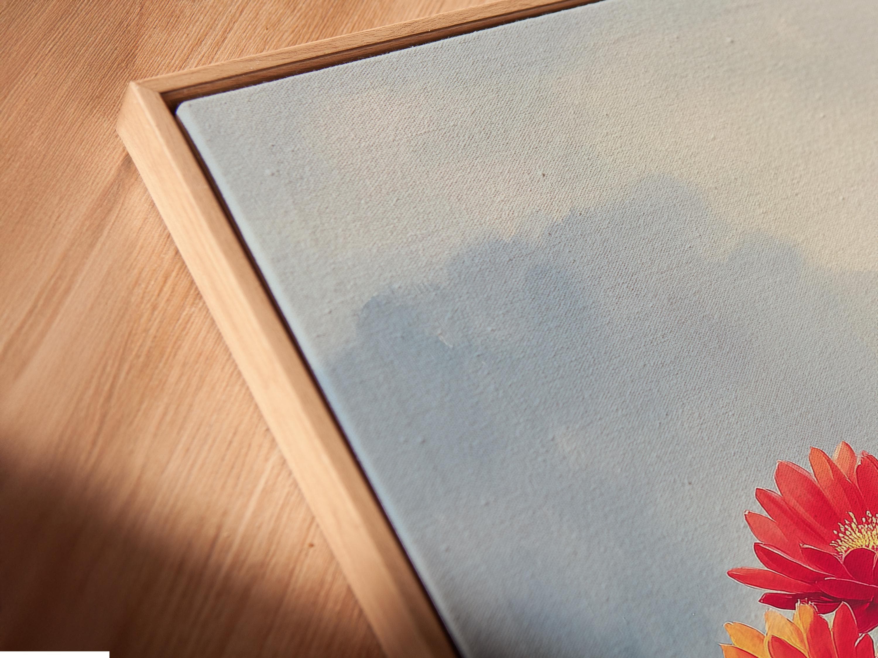 Framed desert flower bouquet artwork on a wall mockup with small butterfly details