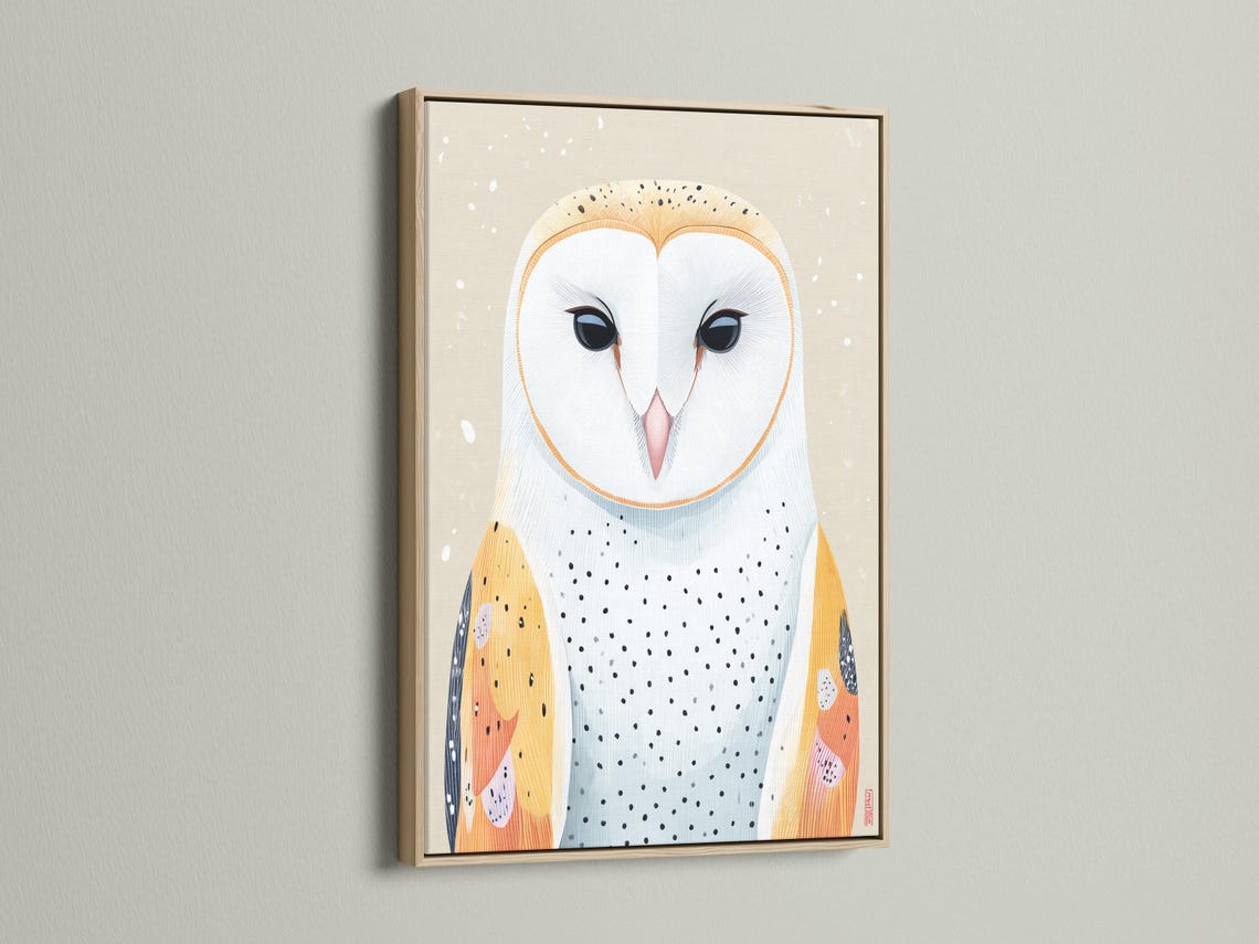 Room mockup showing a framed owl artwork with neutral beige background and orange and blue details