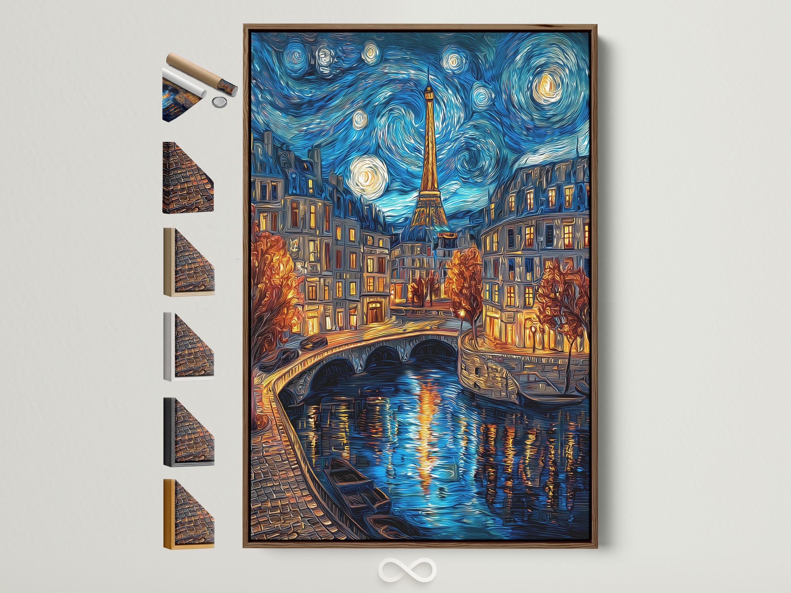 Woman hanging a framed night cityscape painting featuring the Eiffel Tower on a brick wall