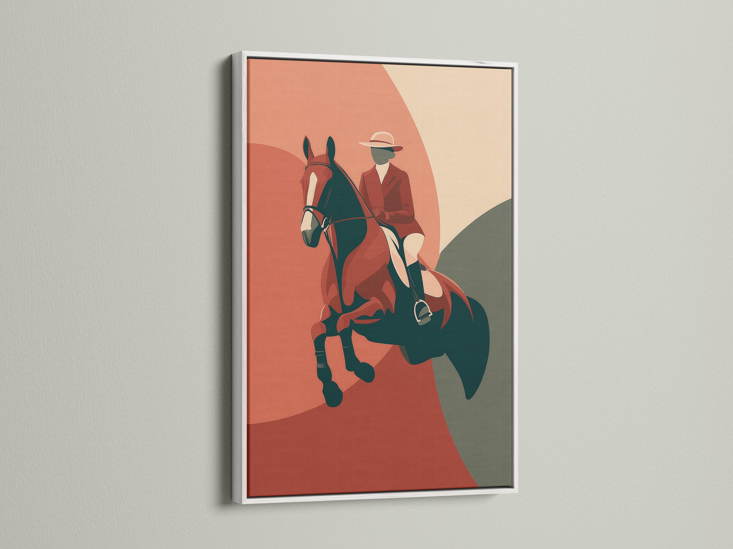 A stylised equestrian rider sits on a dark horse, set against a warm rust-red and beige abstract background with bold green and grey shapes detail
