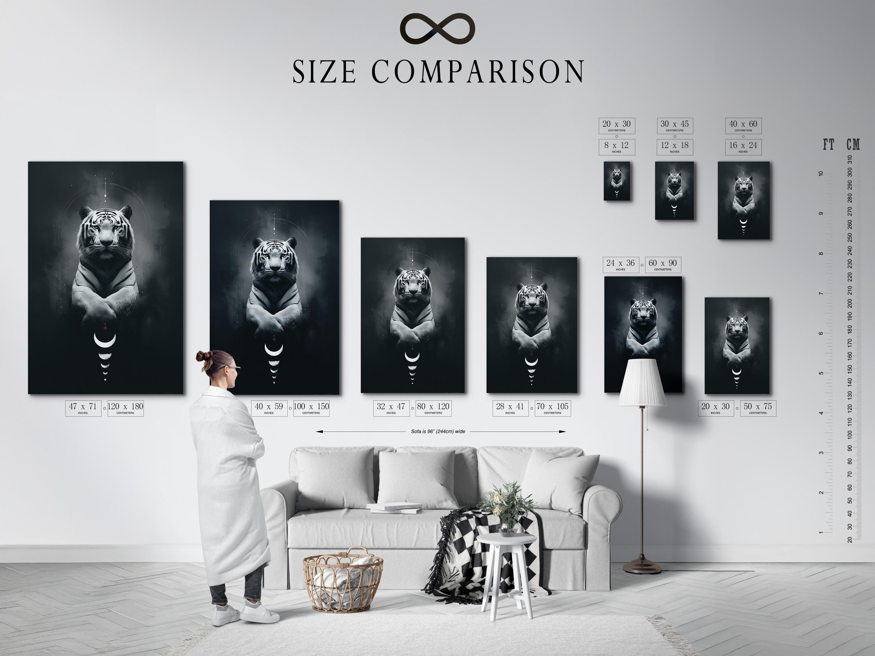 Room mockup showing framed tiger wall art with crescent moons and circular halo