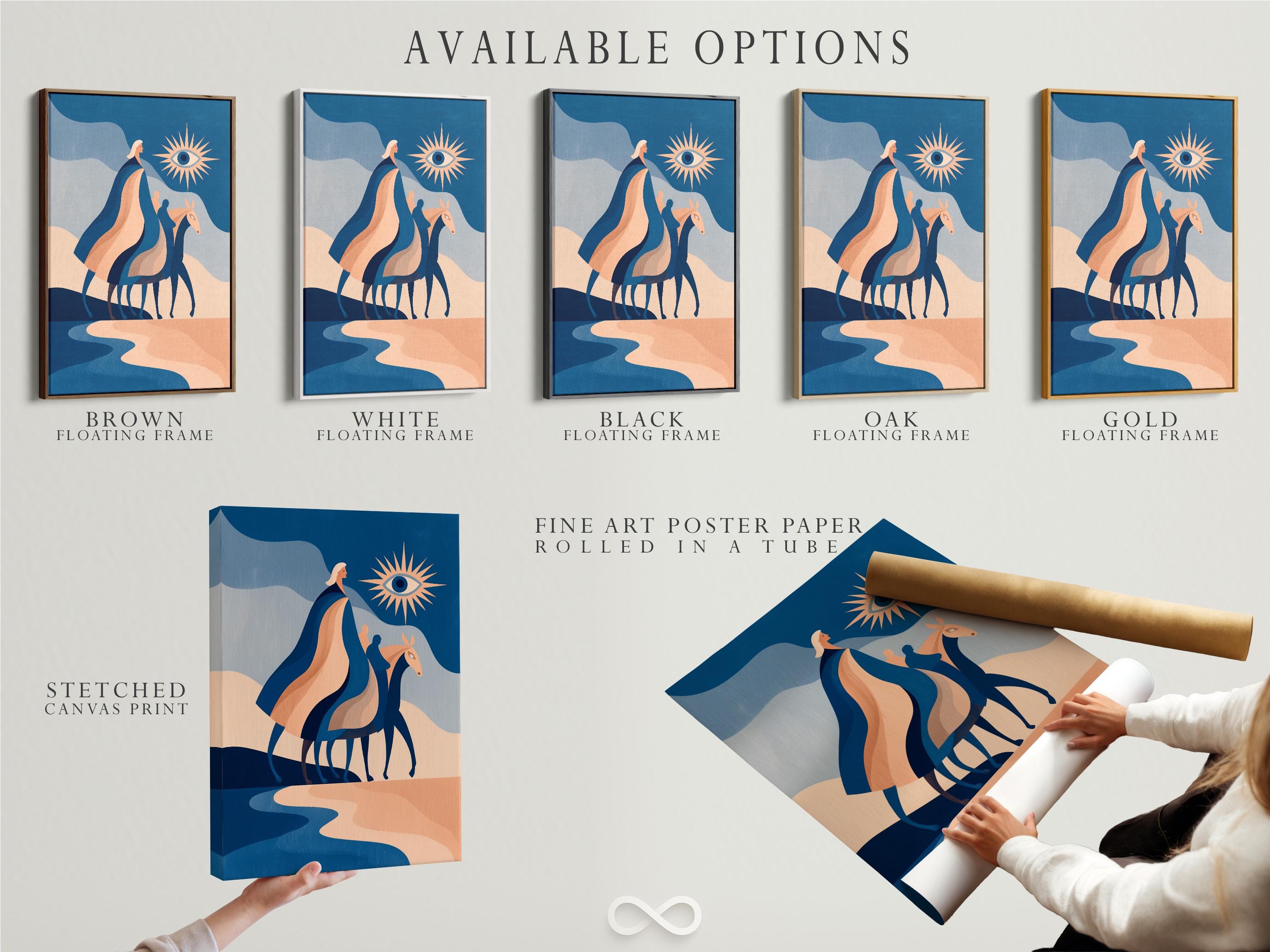 Stylised horse artwork in blue and peach with a sunburst eye motif detail view