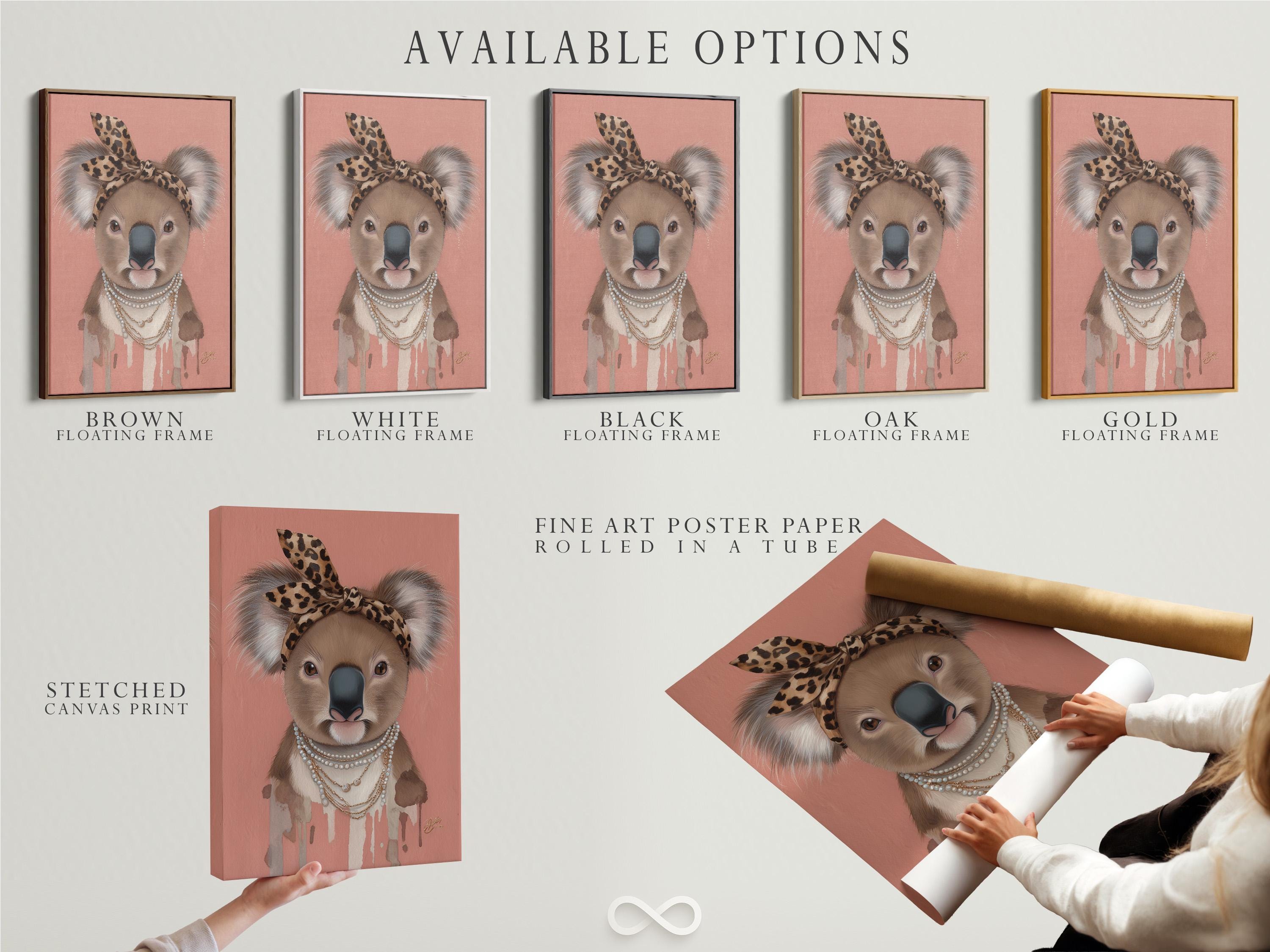 Koala portrait with leopard headband and pearl necklace on a dusty pink background detail view
