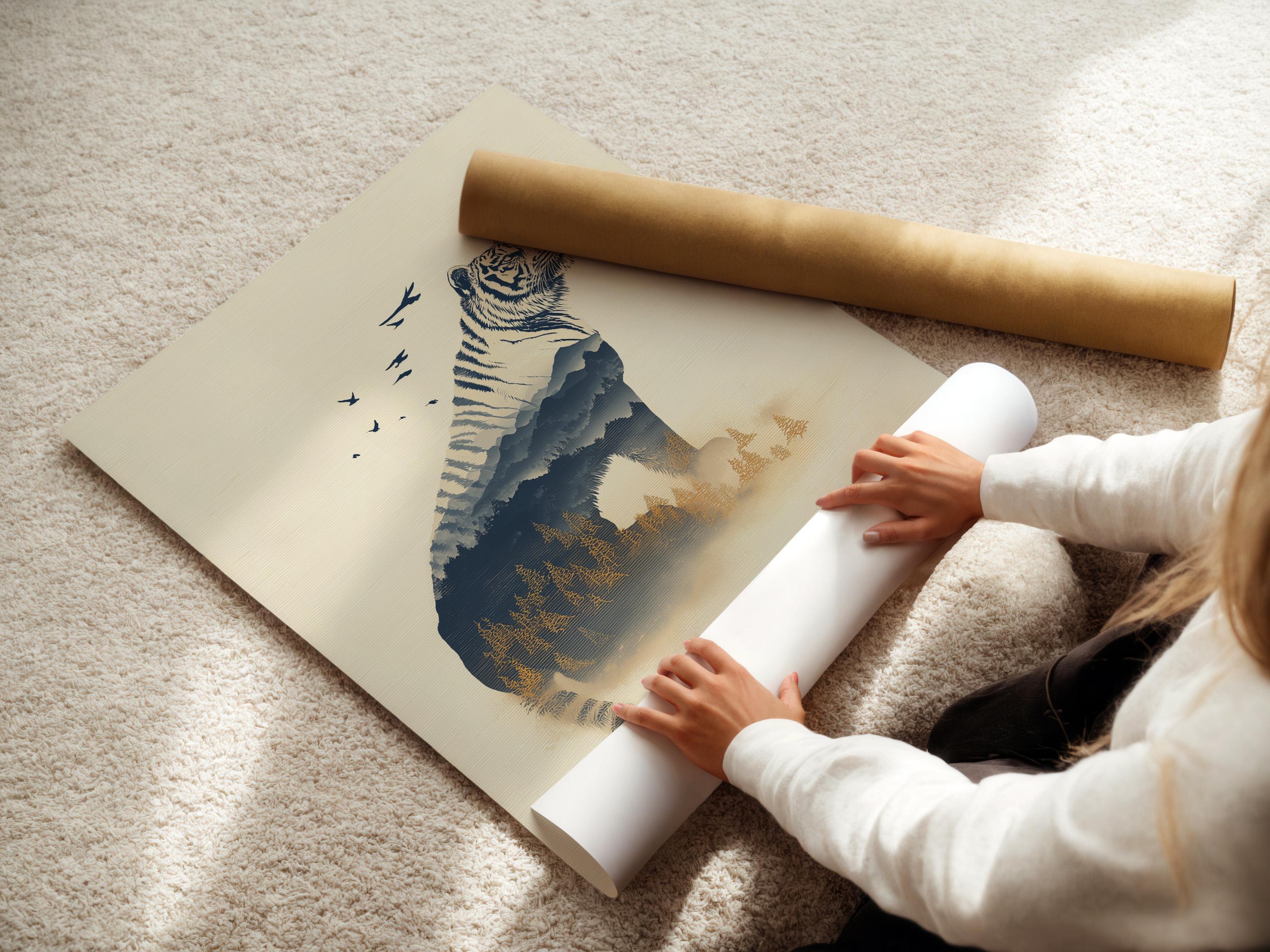 Tiger wall art mockup with double exposure forest layers and birds in flight