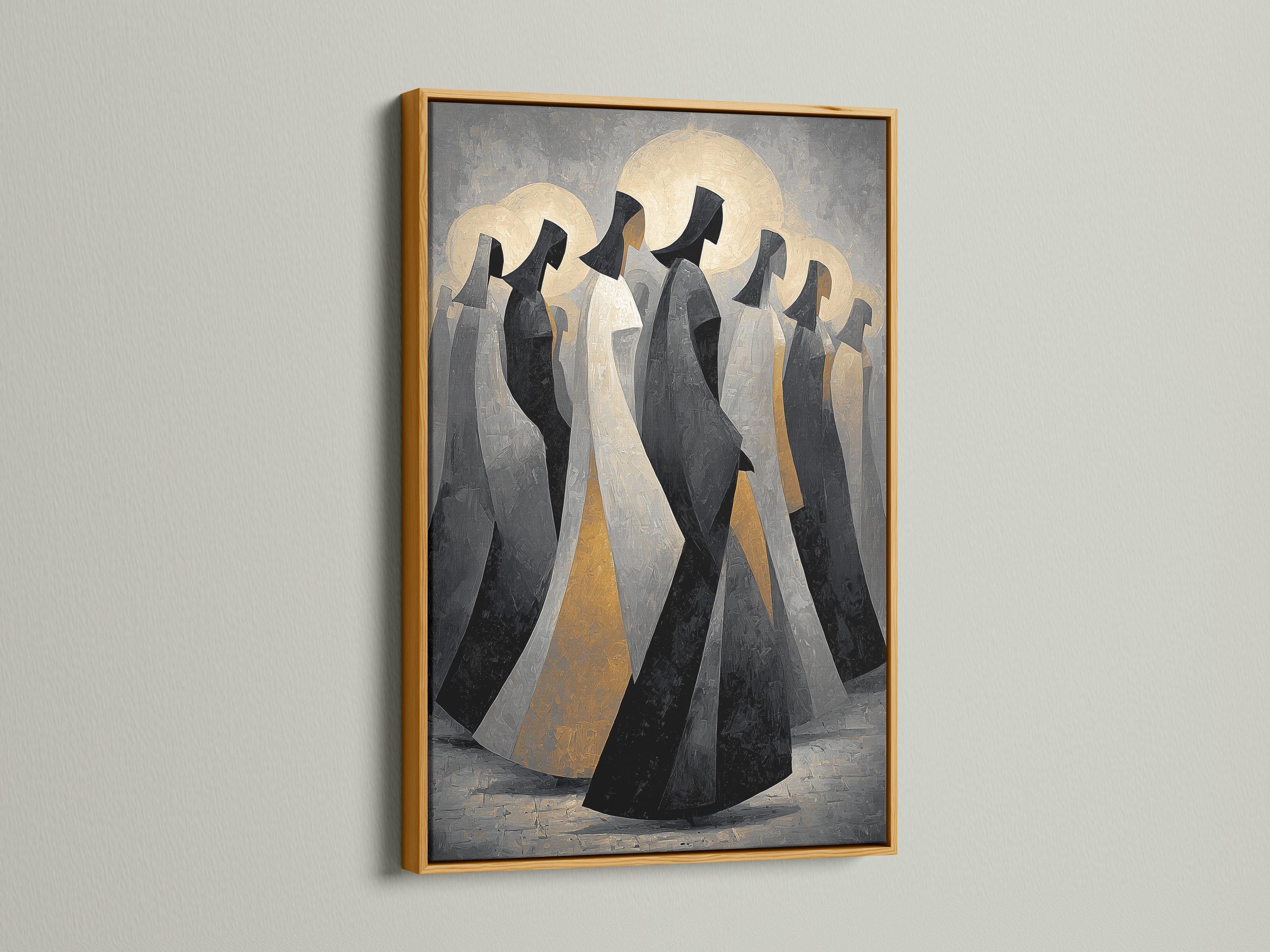 Framed artwork displayed on a neutral background with hooded figures and gold moon discs