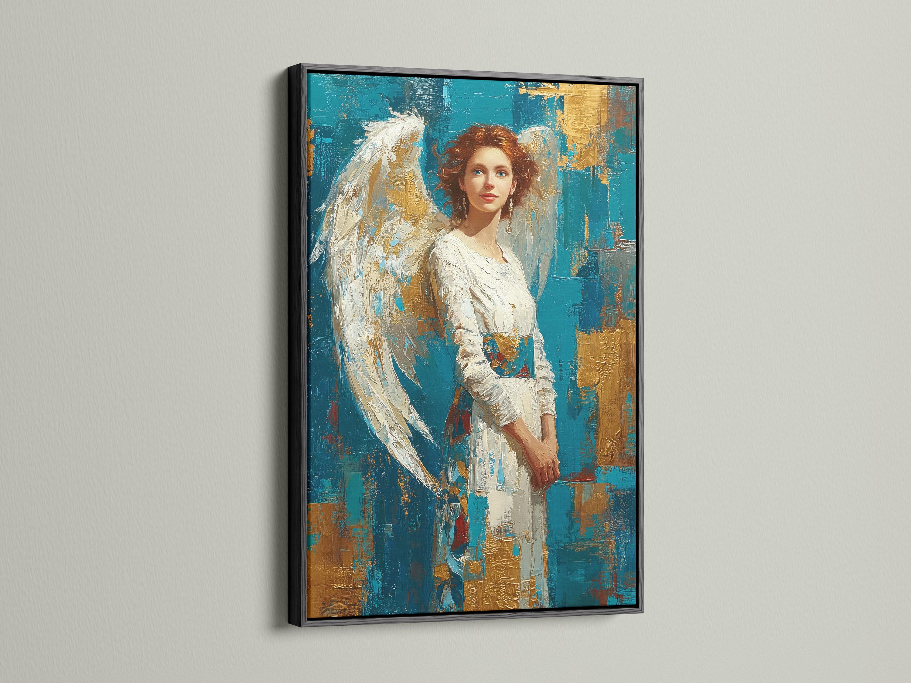 A teal and gold portrait of a woman with white angel wings, rendered in a painterly style with textured, gold-flecked background blocks detail view