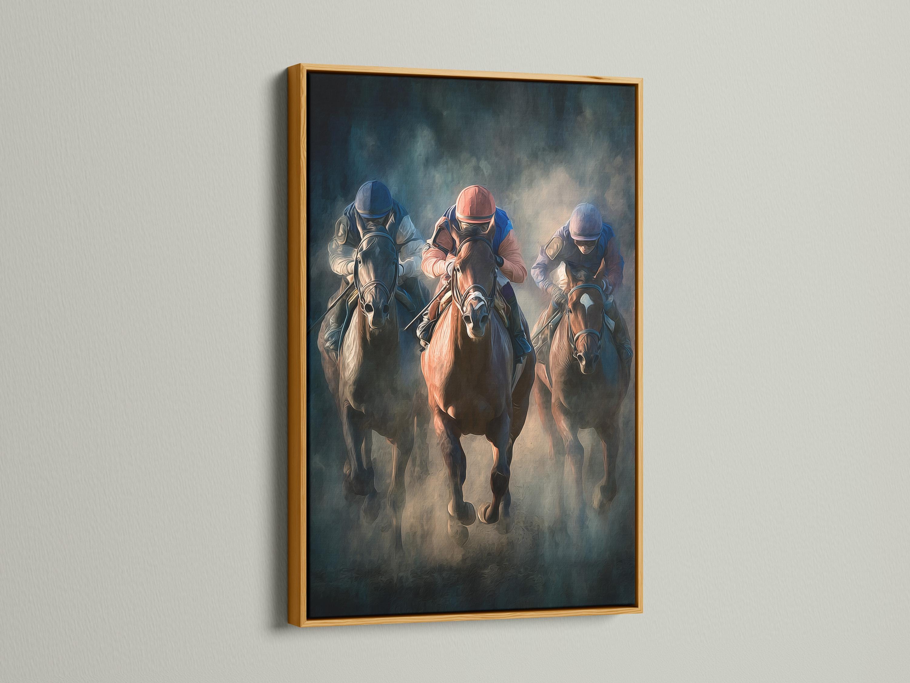 Painterly horse racing scene with jockeys in helmets riding galloping horses detail view