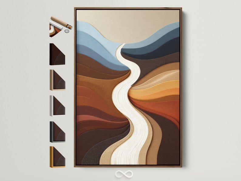 Abstract river-like flow with cream ribbon, blue-grey bands and warm brown terracotta curves