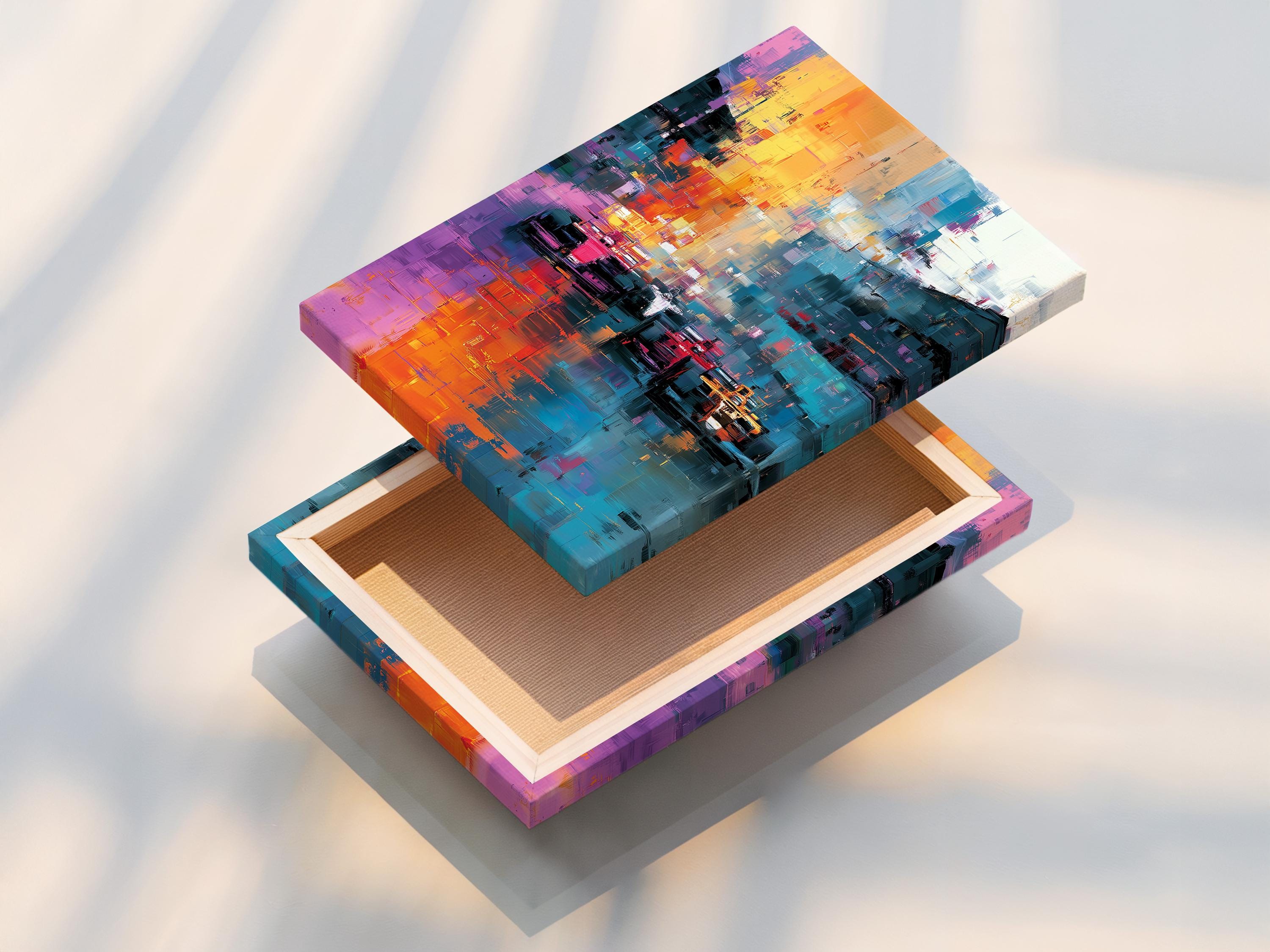 Room mockup with a large framed abstract cityscape artwork above a seating area