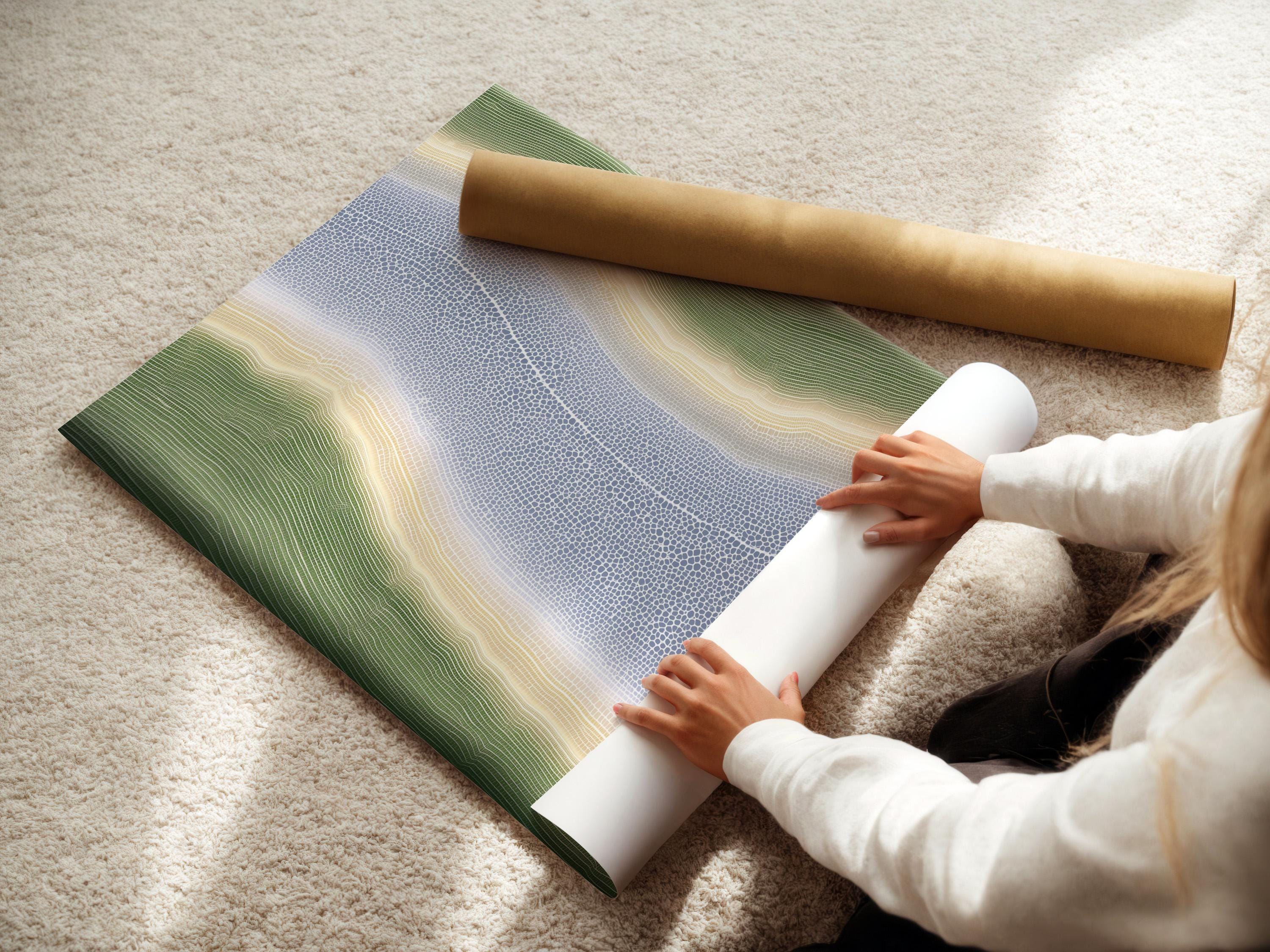 Abstract river-like artwork with sage-green contours and a speckled muted-blue textured centre detail view
