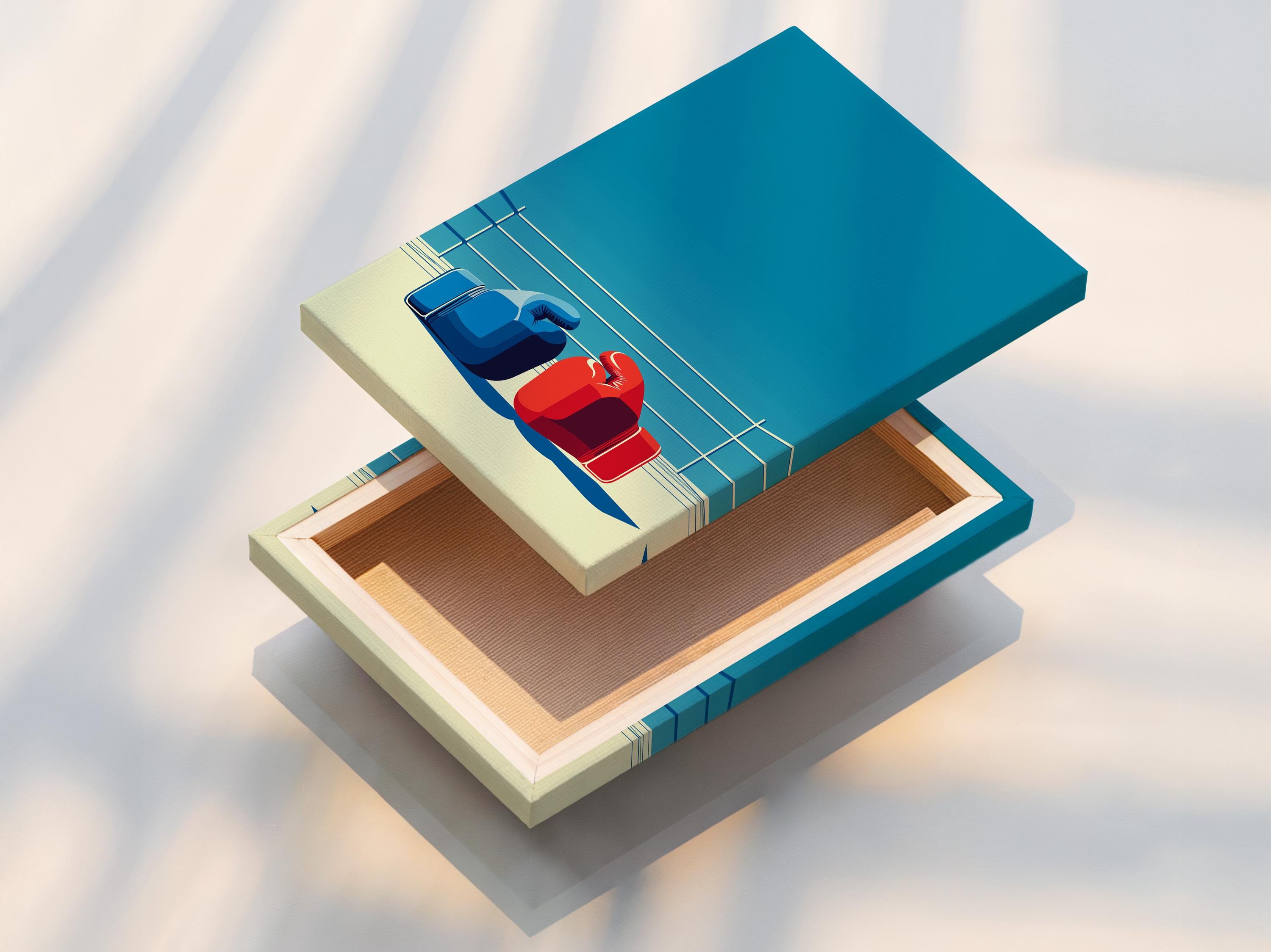 Wall mockup showing a framed boxing ring artwork with blue and red gloves and white ropes