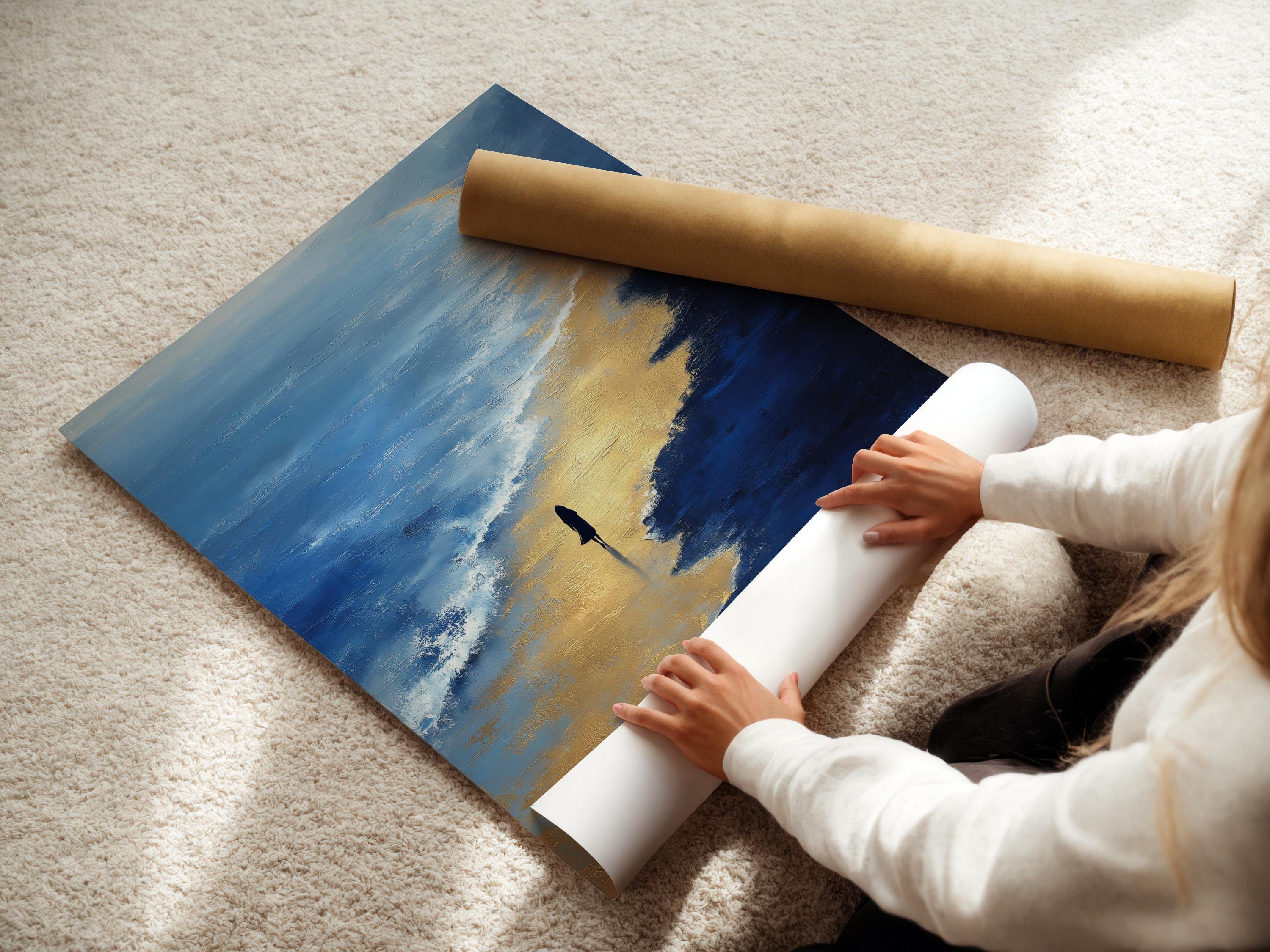 Painterly navy blue and gold seascape with ocean waves, beach light and a small silhouette detail view
