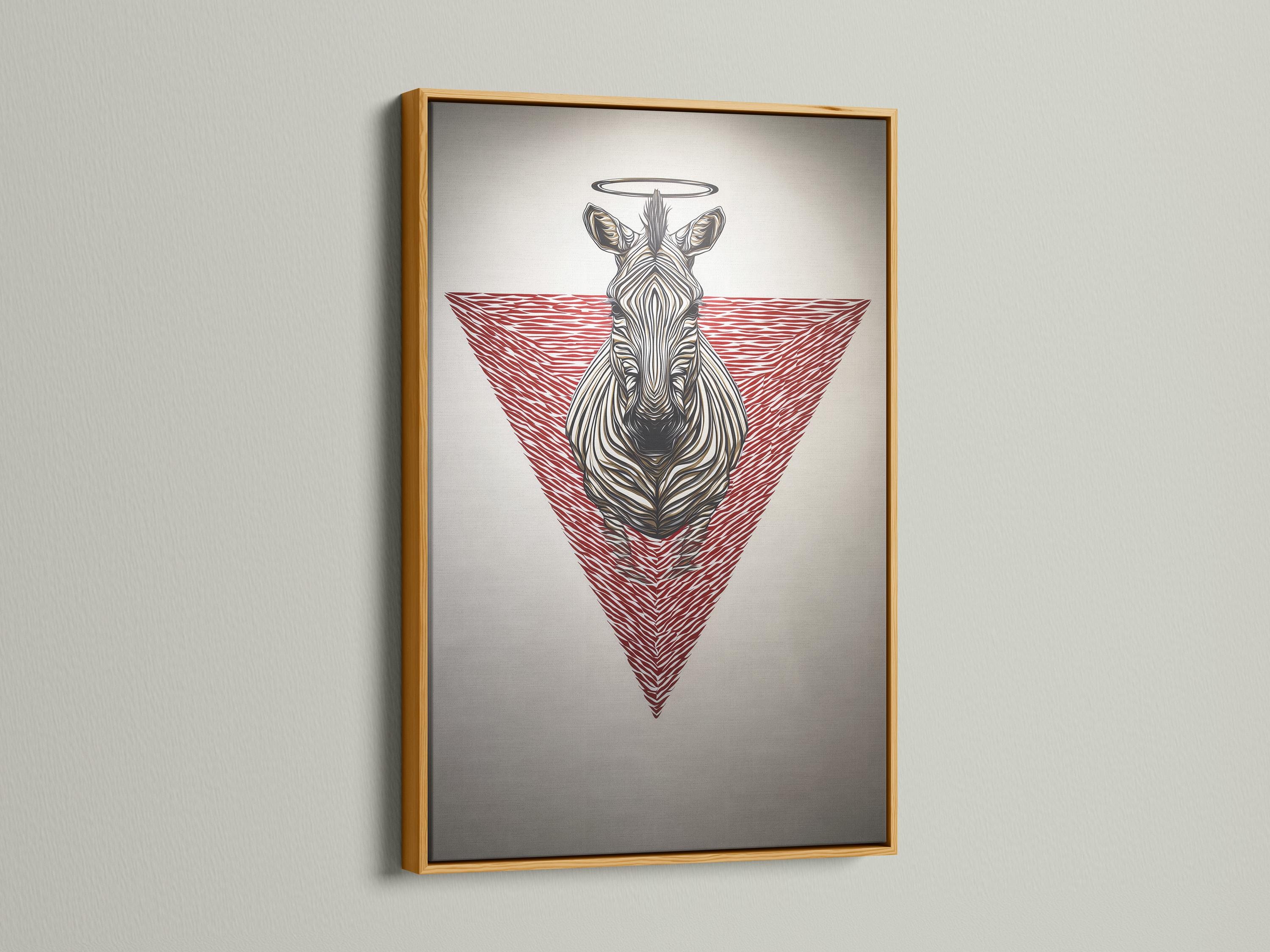 Wall mockup showing a framed zebra artwork with a red striped triangle and halo ring