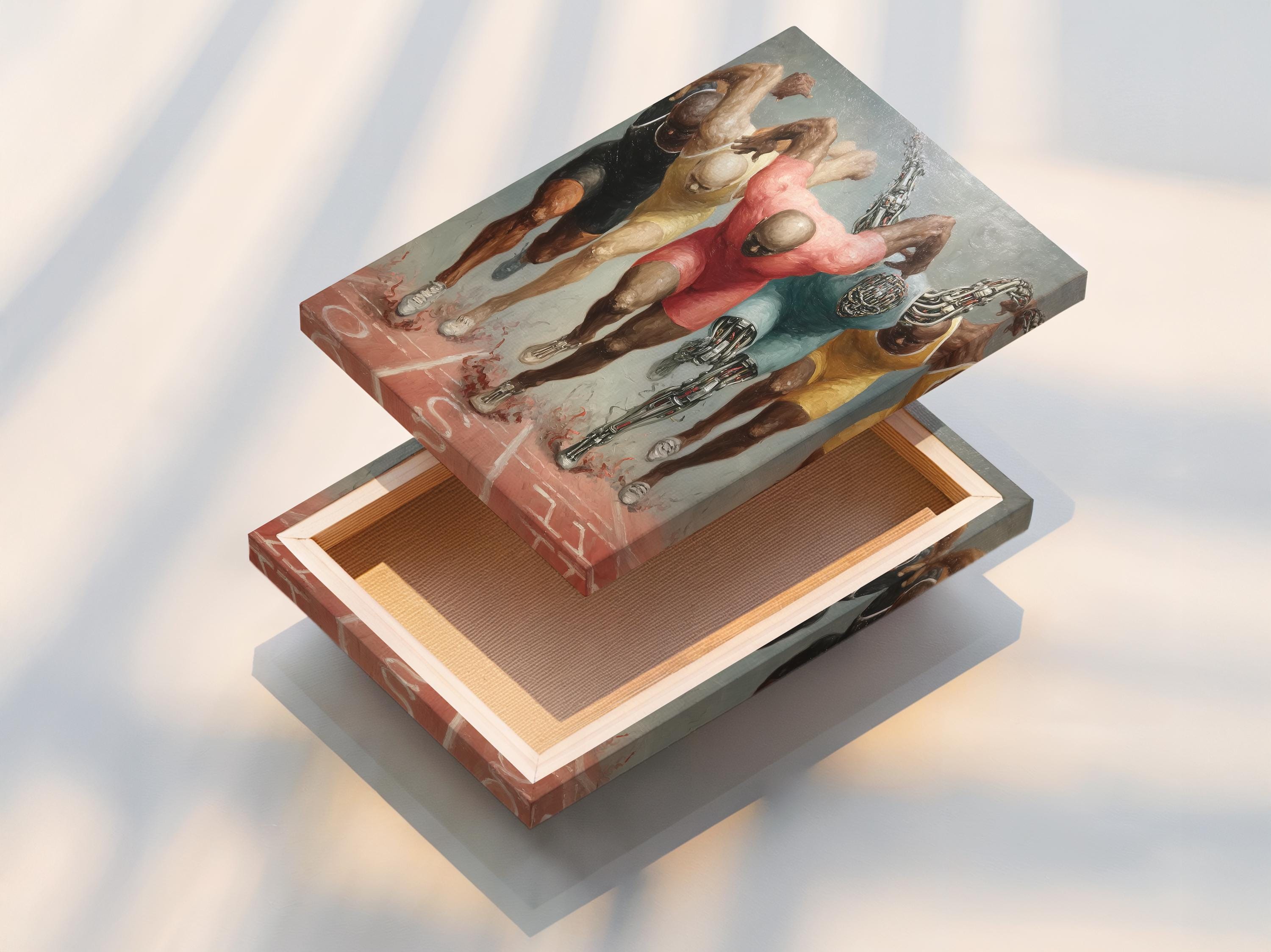 Painterly running cyborg runners with chrome robotic legs on a track-like ground detail view