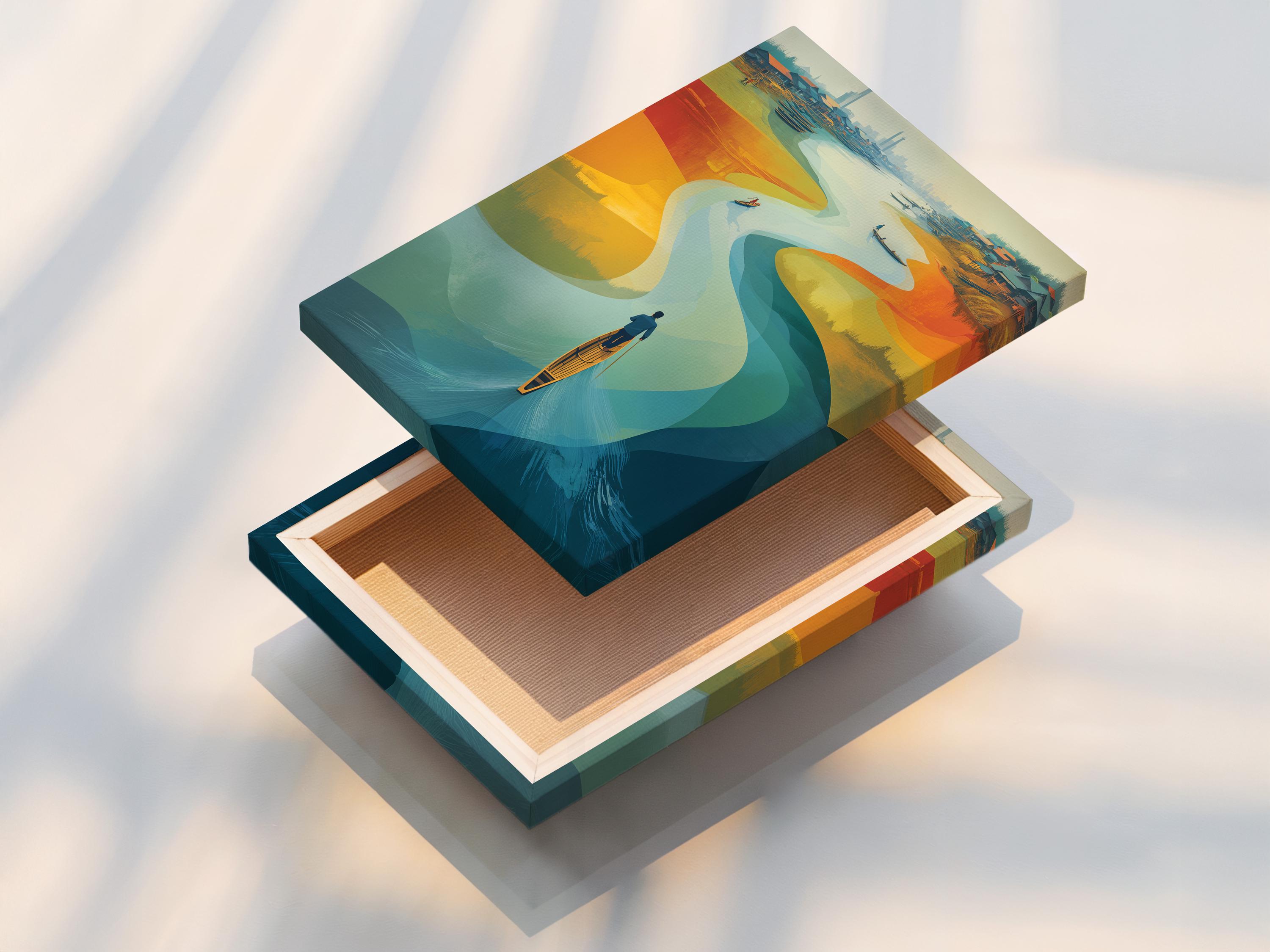 Abstract river landscape with a small boat and distant skyline, shown in blue, teal, and warm orange tones detail view