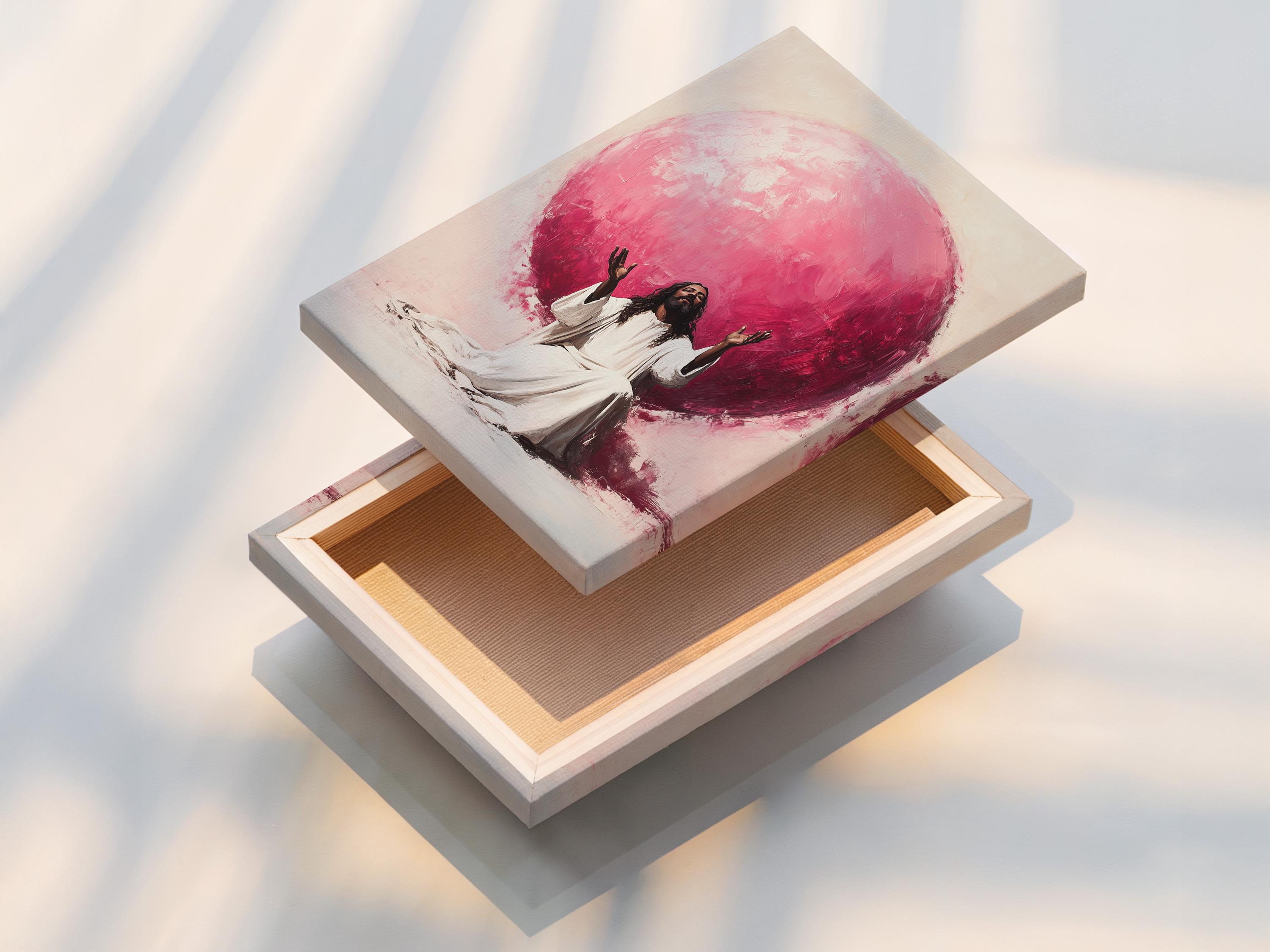 Seated robed figure with raised hands beneath a large glowing pink orb on a beige background detail view