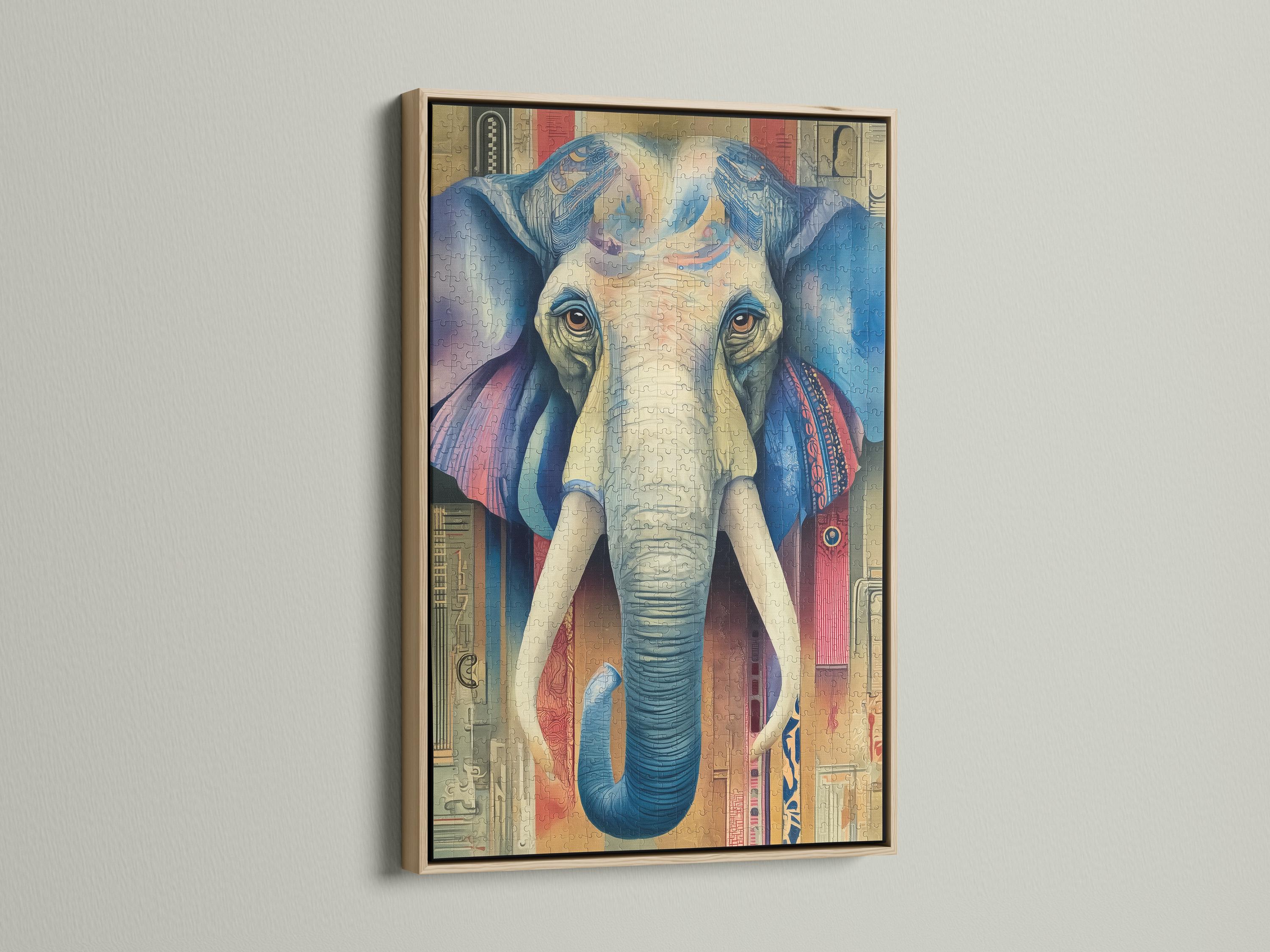 A stylised blue elephant portrait with patterned, map-like details sits centre-stage within a colourful, vintage-inspired background detail view