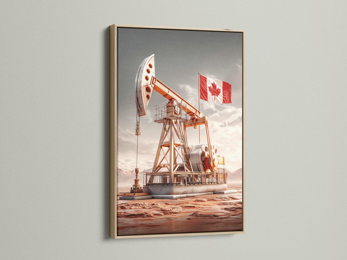 Oil derrick in a desert landscape with a waving red Canada flag detail view