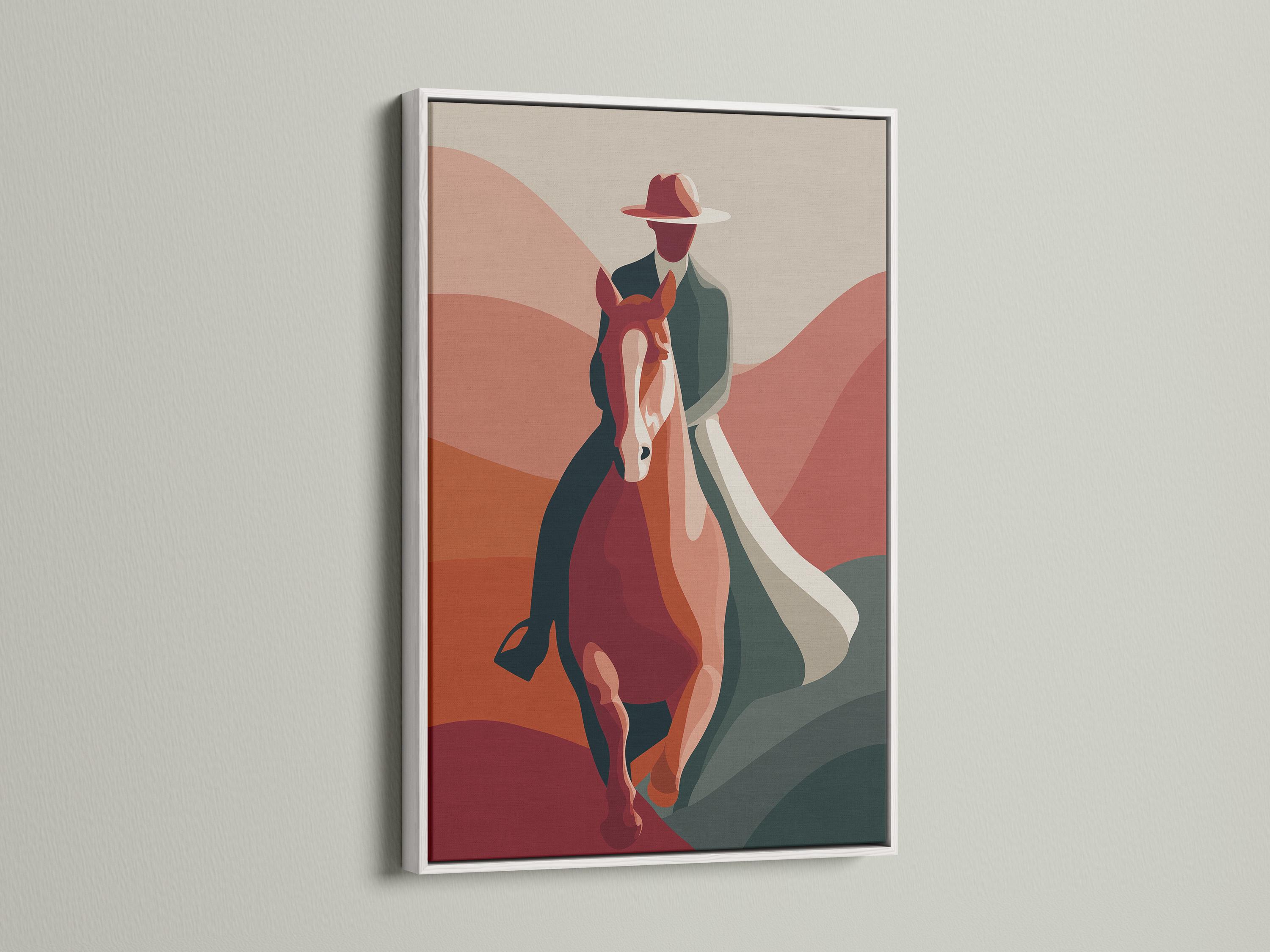 Mockup of a framed artwork showing a cowboy riding a rearing horse against terracotta hills