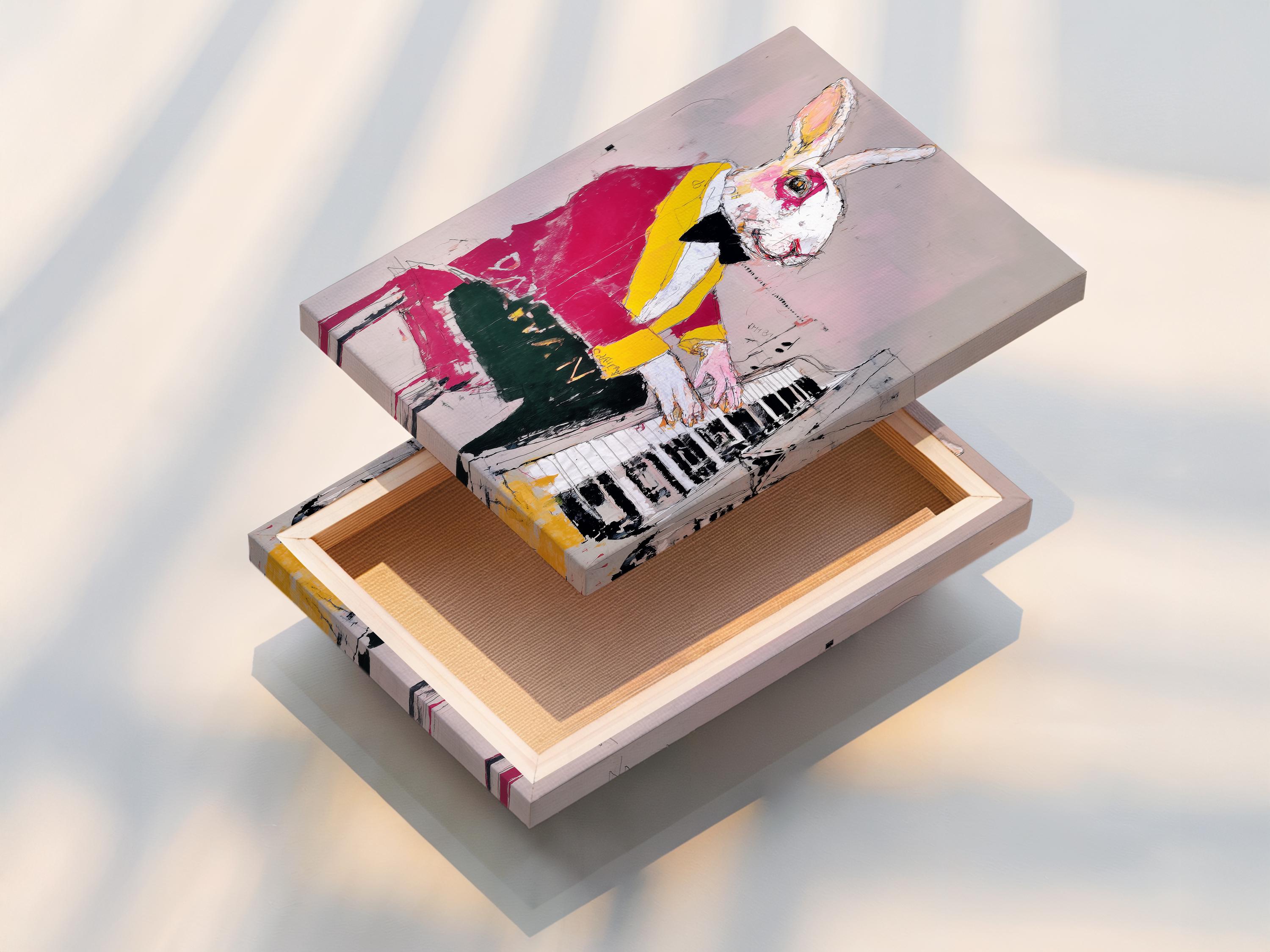 Rabbit playing piano with magenta and yellow jacket on a blush pink background detail view