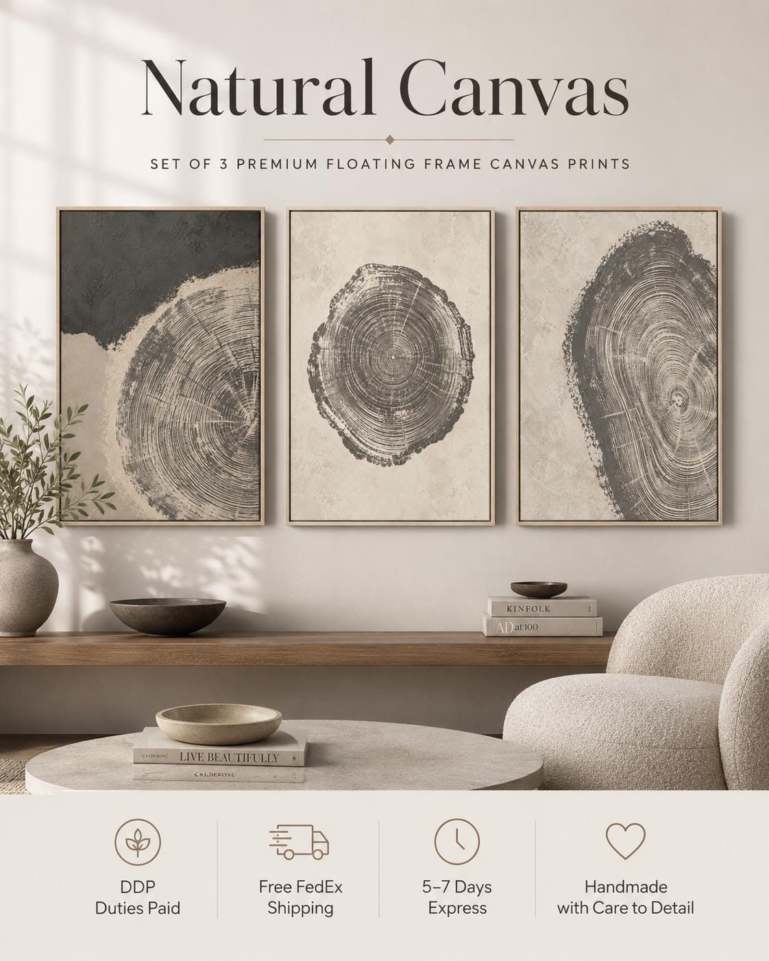 Three-panel abstract tree-ring circles in grey linework on neutral backgrounds detail view