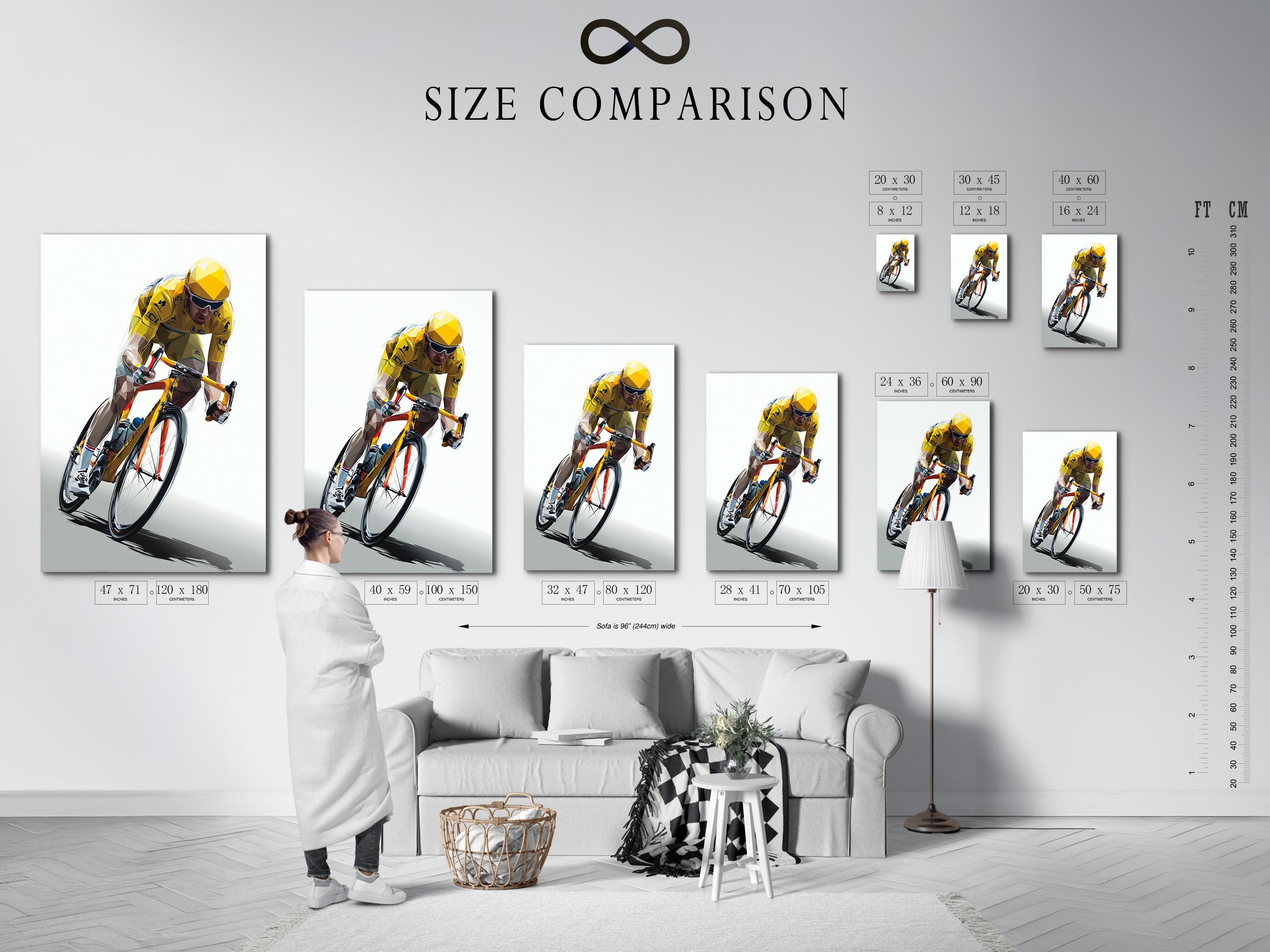 Wall mockup with a framed geometric cyclist artwork in yellow and black