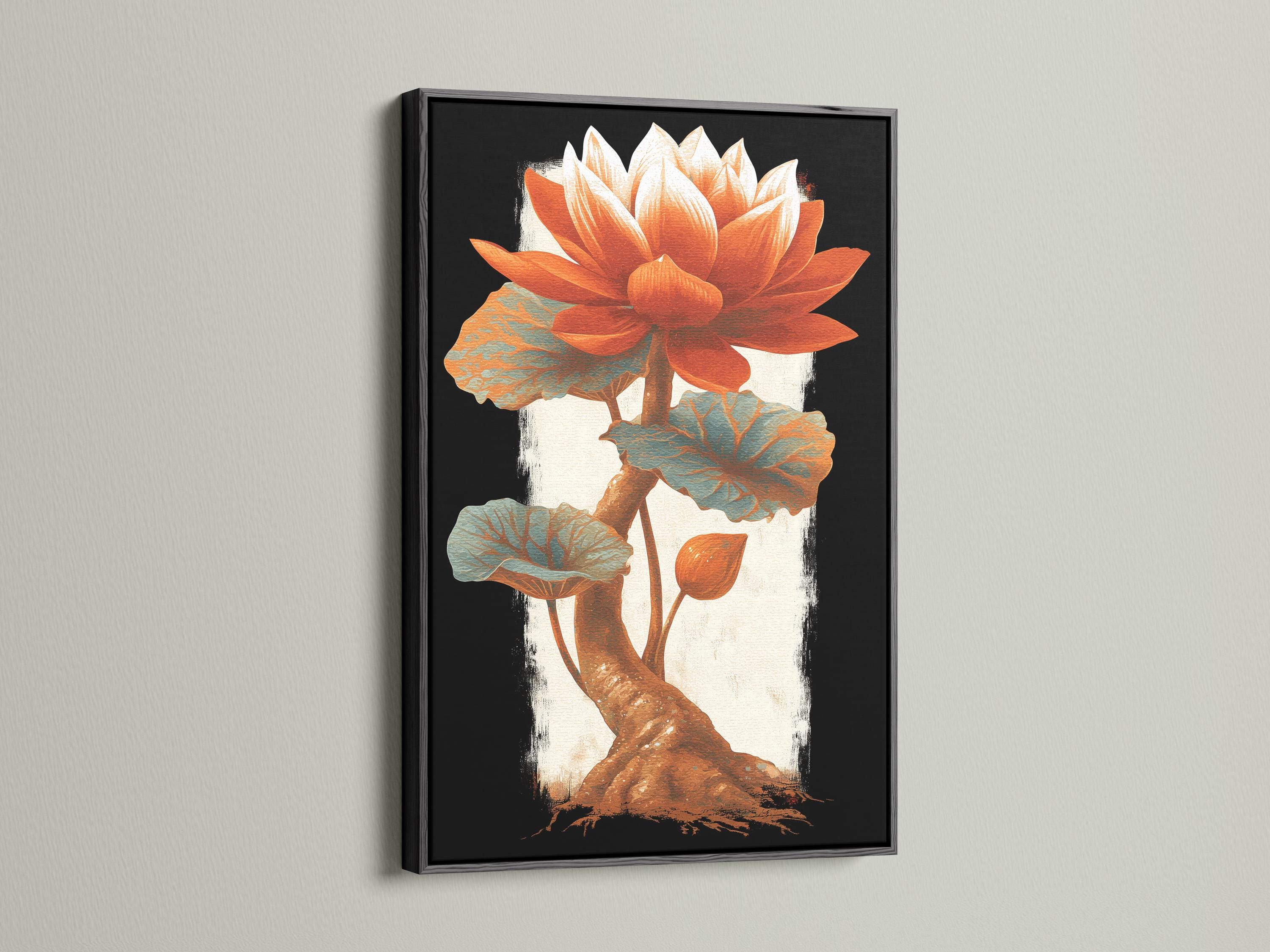 Room mockup showing a portrait lotus flower artwork with burnt orange petals and teal leaves