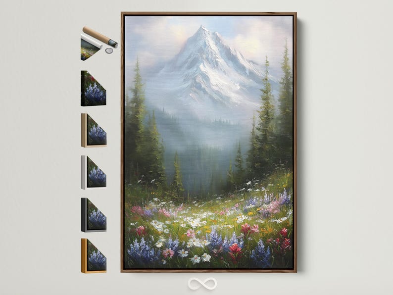 Snowy mountain peak above a misty forest and a meadow of wildflowers in pink, purple and yellow