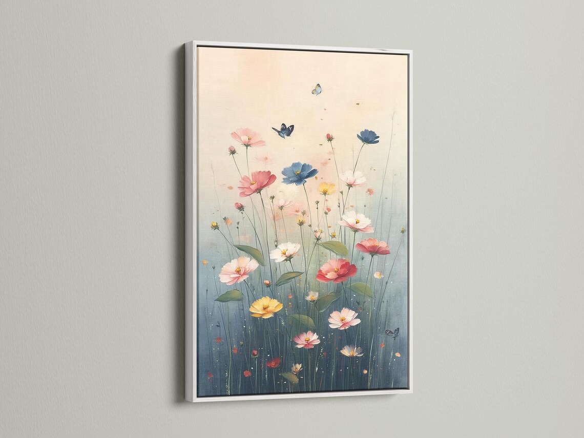 Pastel meadow flowers with butterflies floating above blue-green stems detail view
