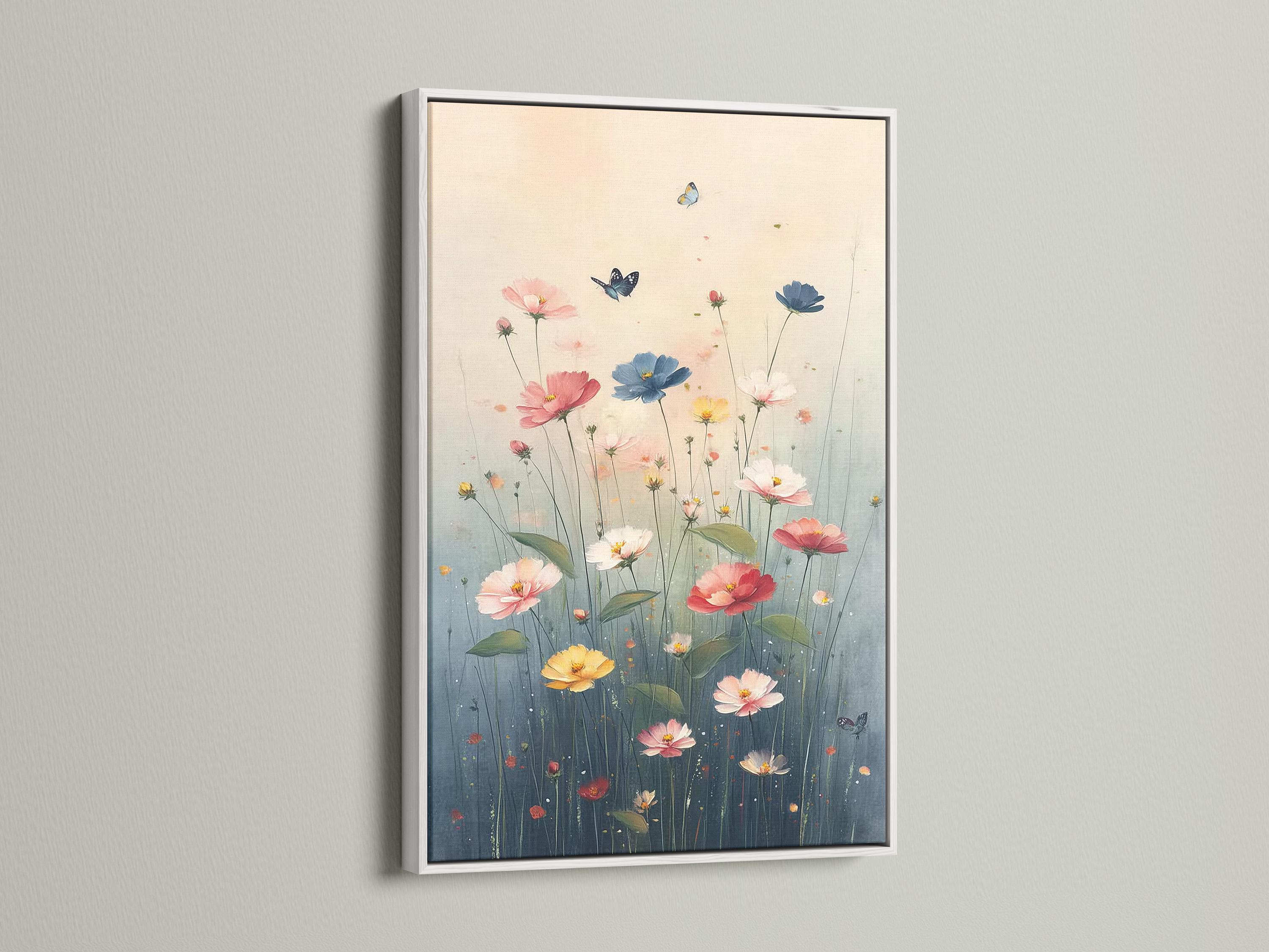 Pastel meadow flowers with butterflies floating above blue-green stems detail view