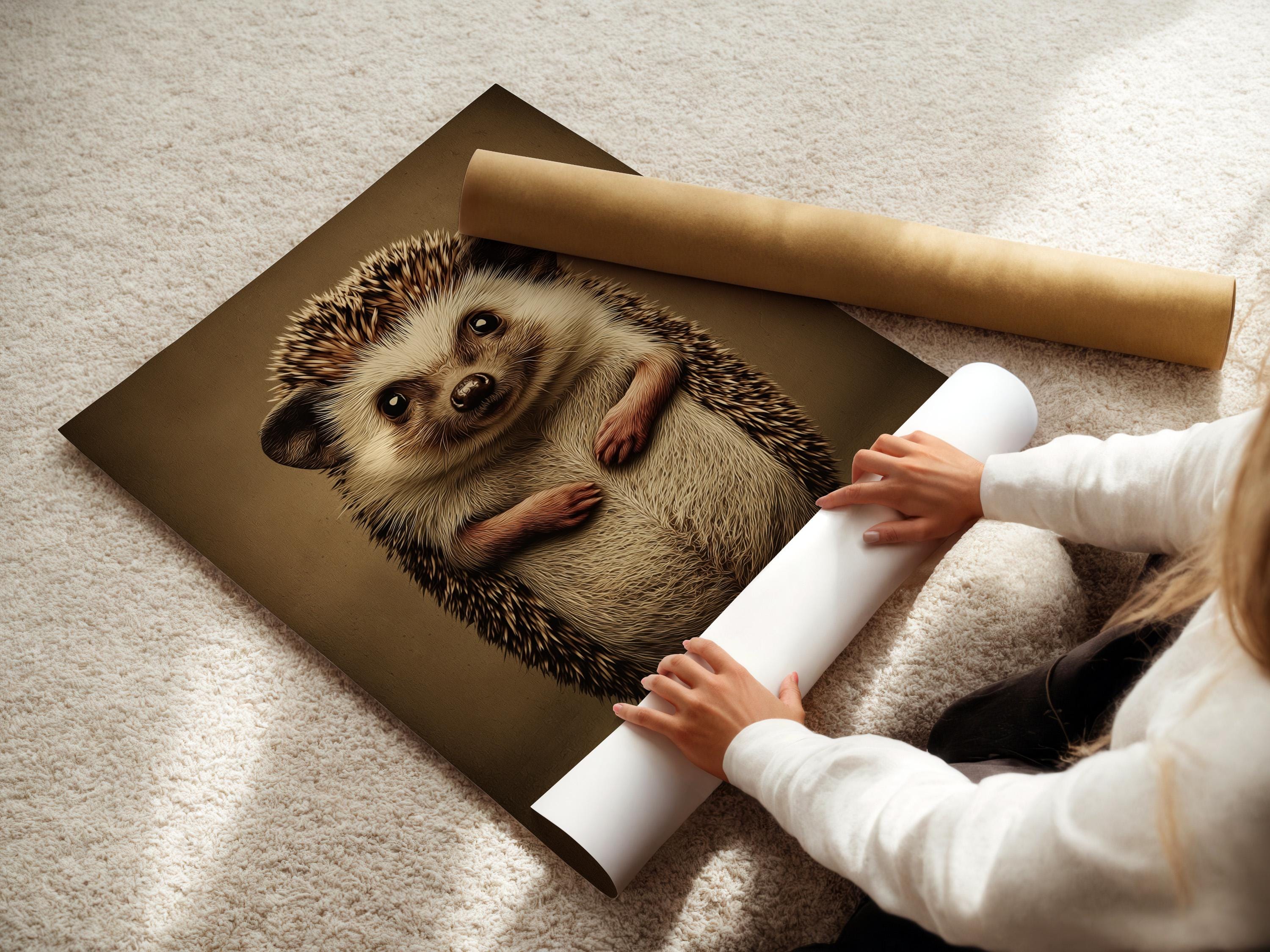 A beady-eyed hedgehog illustration sits centred on a warm brown background, with cream and darker brown fur texture and subtle red-brown paw accents