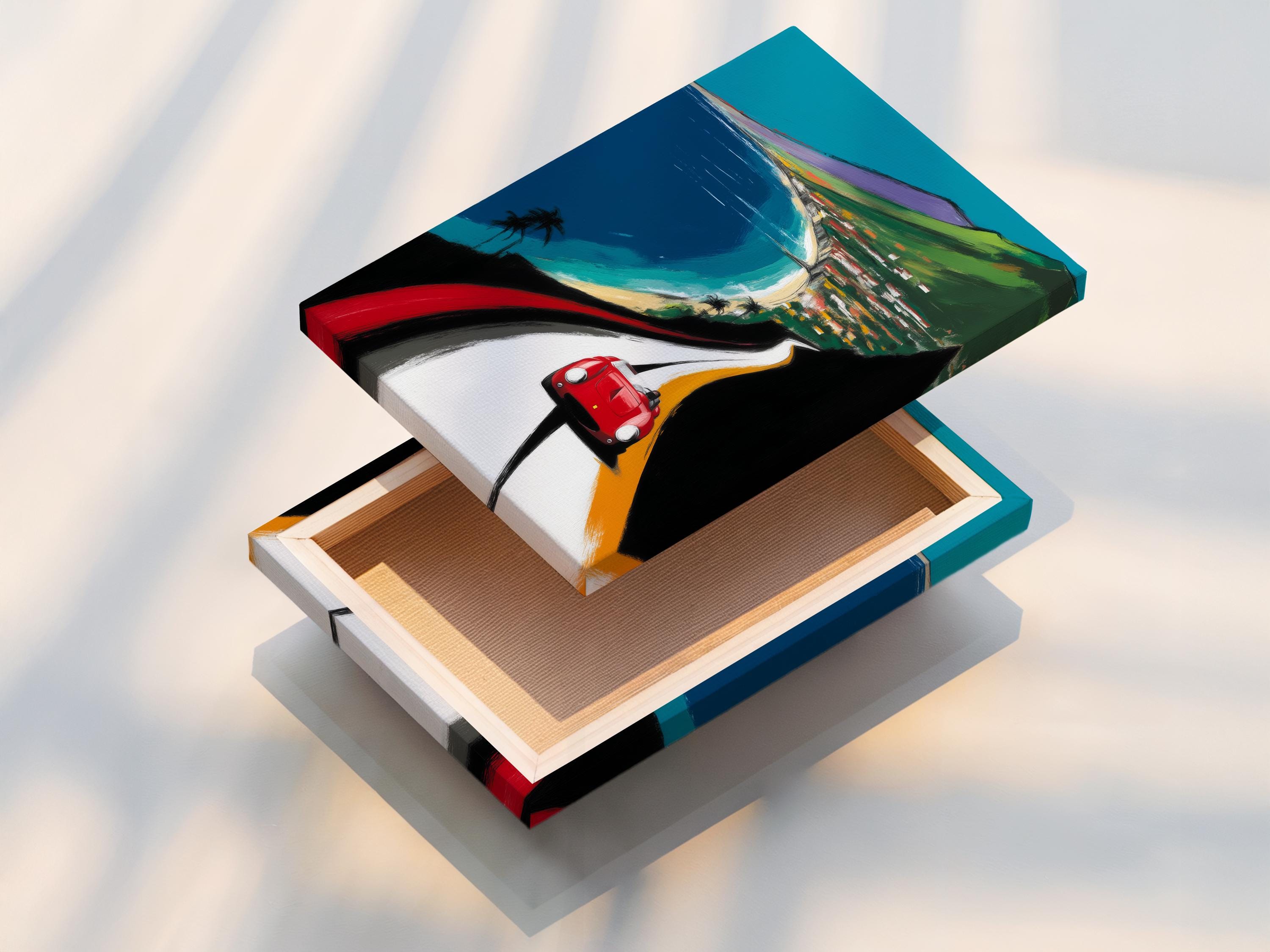Wall mockup showing a framed artwork of a red sports car on a coastal road with turquoise water