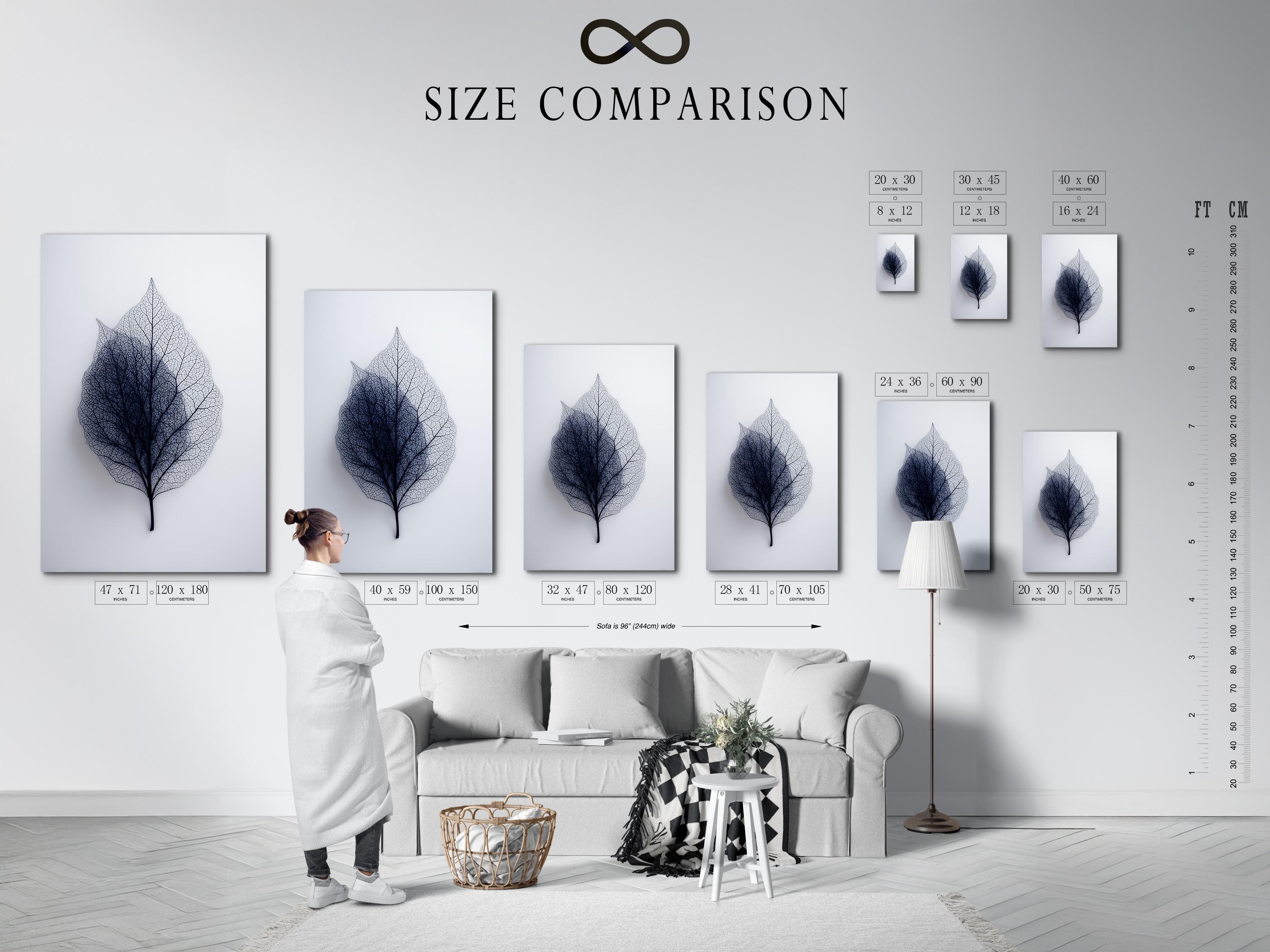 A person looking at a framed leaf skeleton wall artwork in a bright room