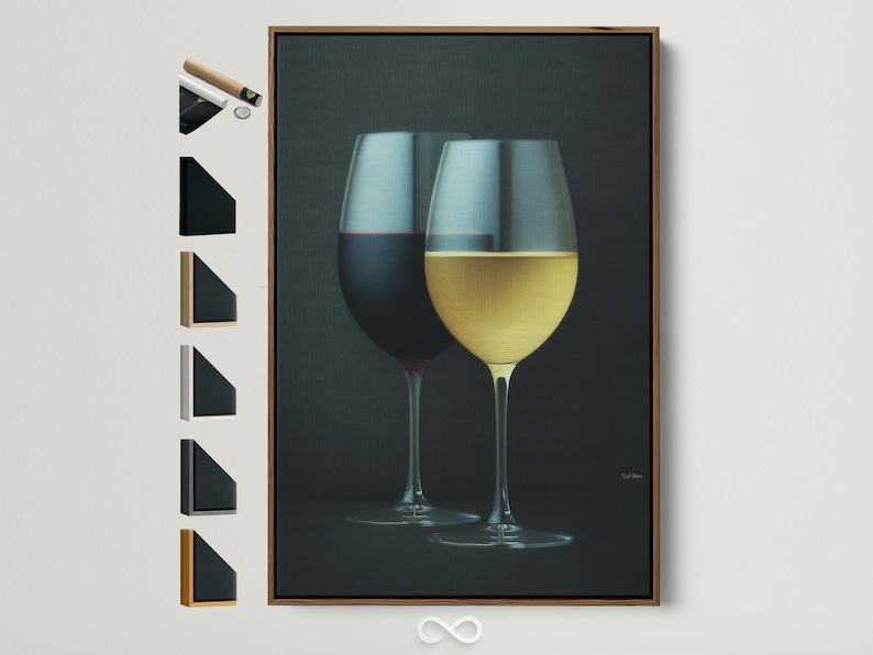 Two wine glasses with red and pale yellow drinks on a dark textured background