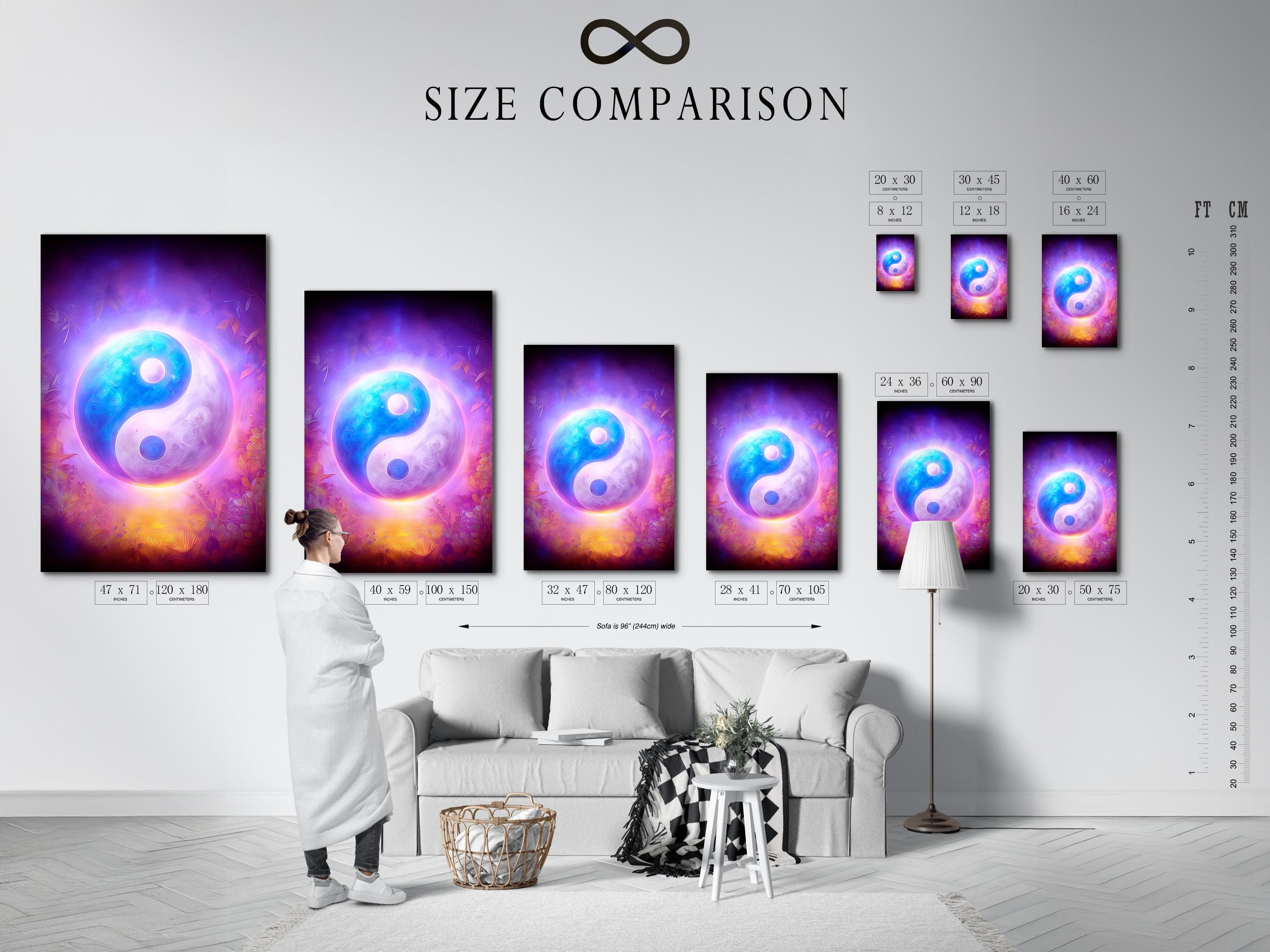 Room mockup showing a glowing purple and blue yin-yang artwork on a wall