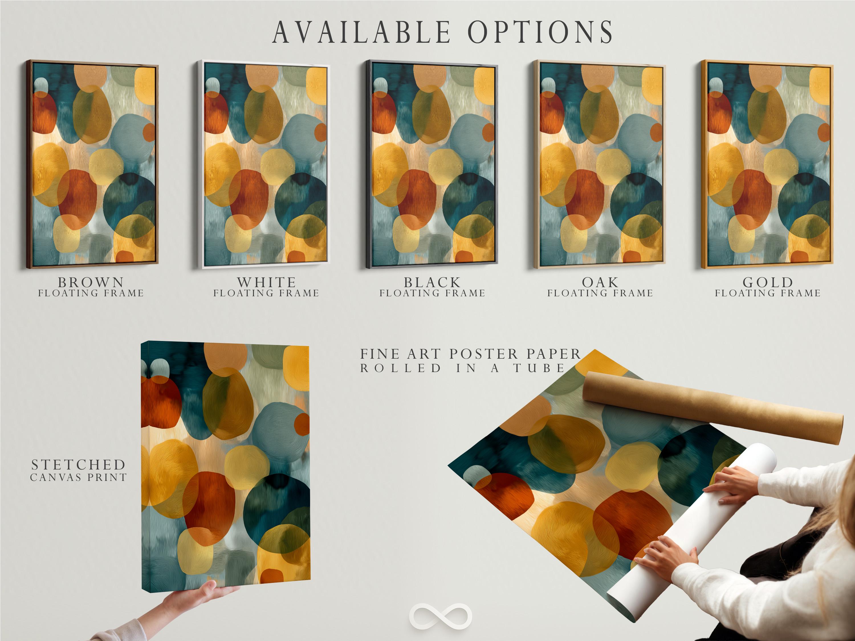 Framed abstract circle artwork with teal, cream, rust and mustard circles on a pale background